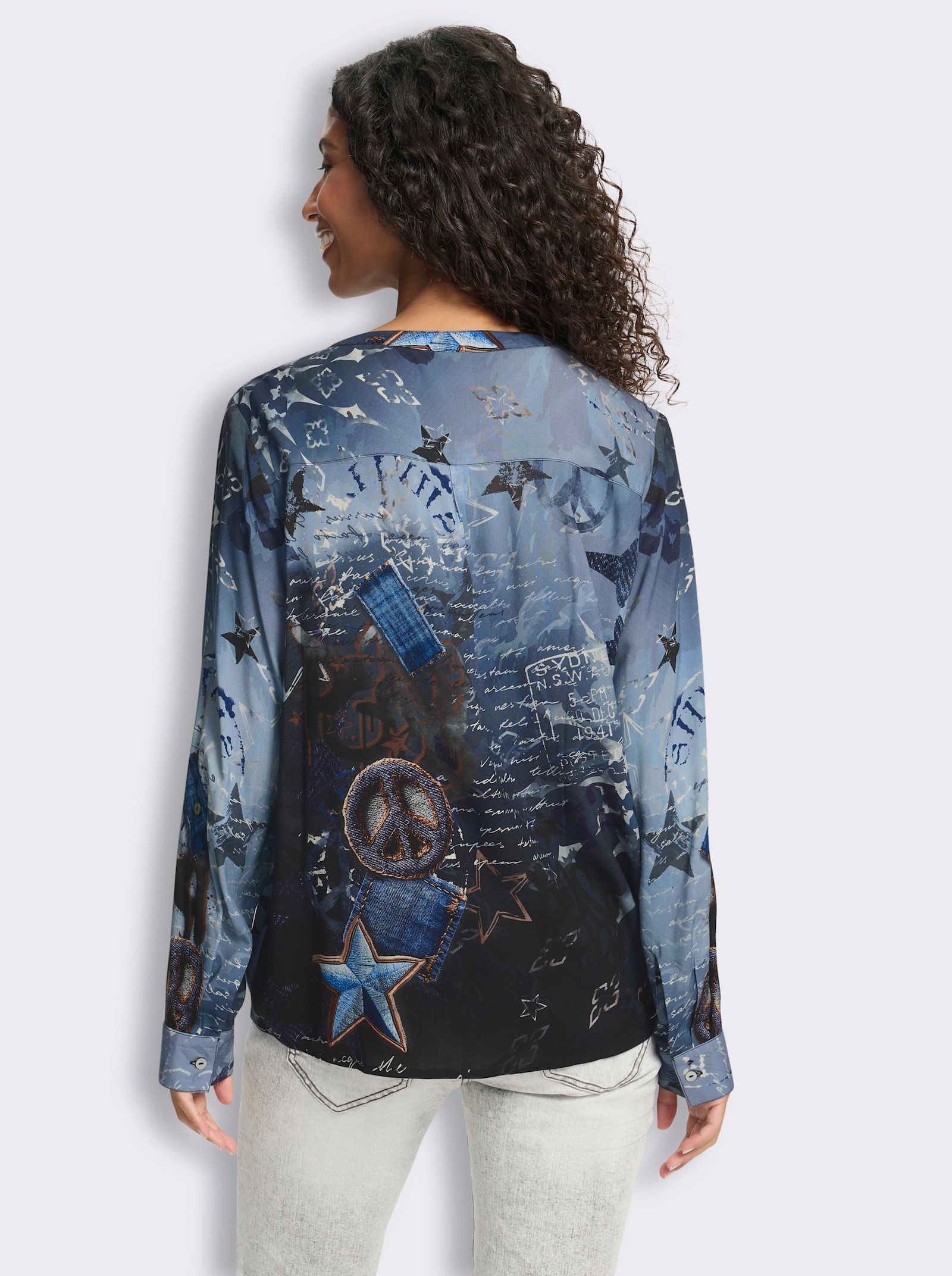 heine Druckbluse - jeansblau-steingrau-bedruckt