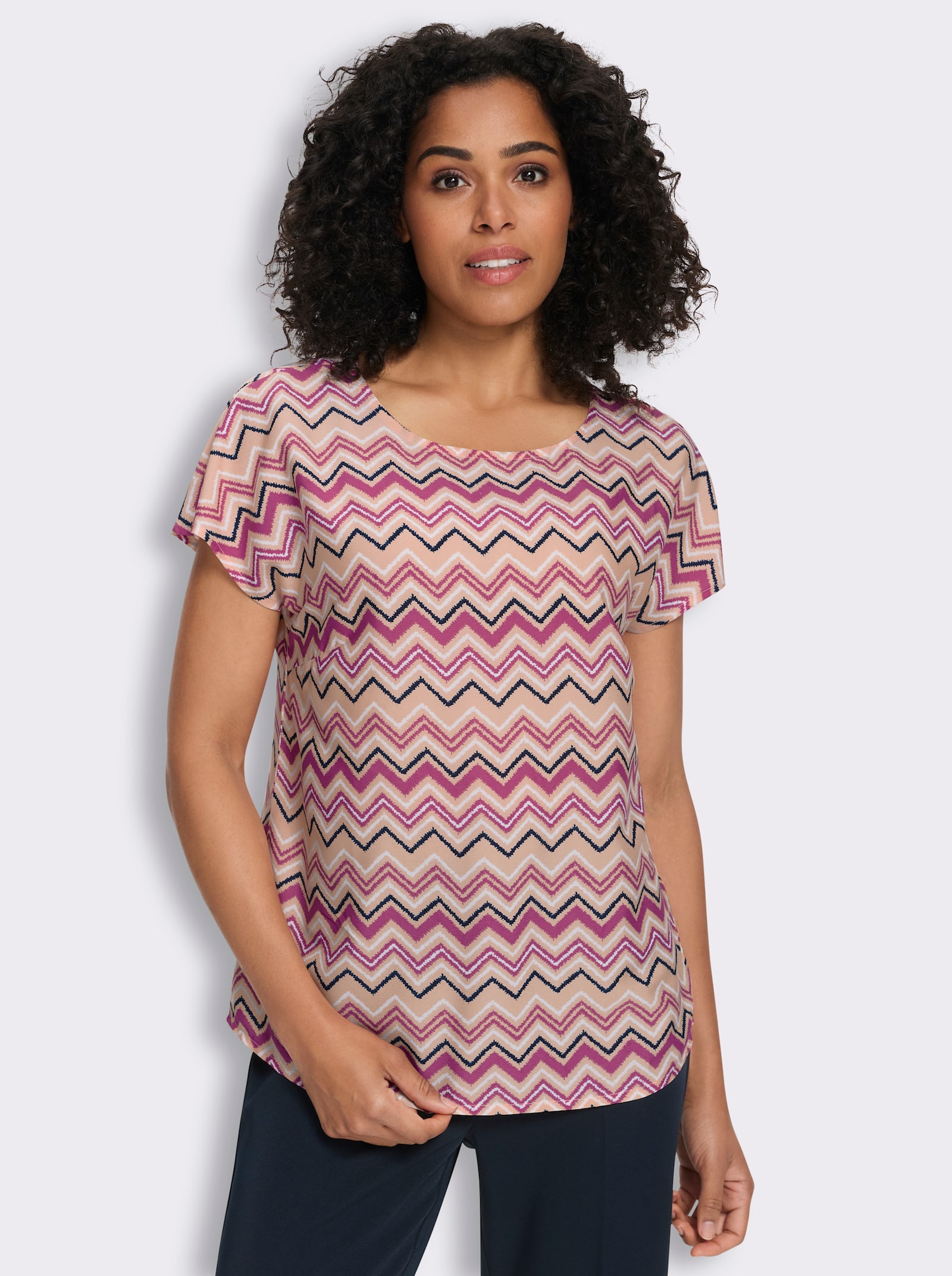 Schlupfbluse mit Zick-Zack-Muster - apricot-fuchsia-bedruckt