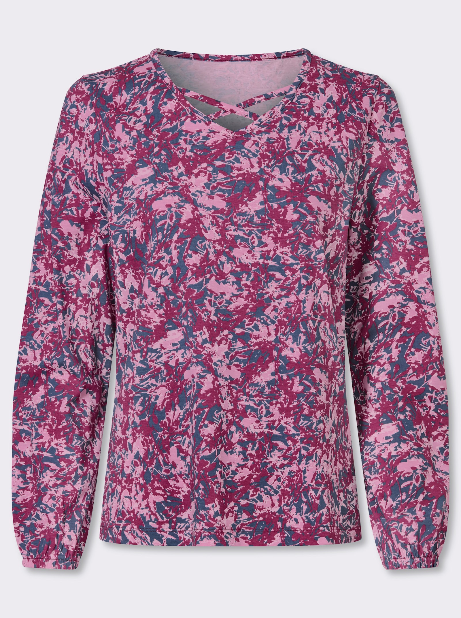 Langarmshirt mit überkreuzten Bändern - rauchblau-erika-bedruckt