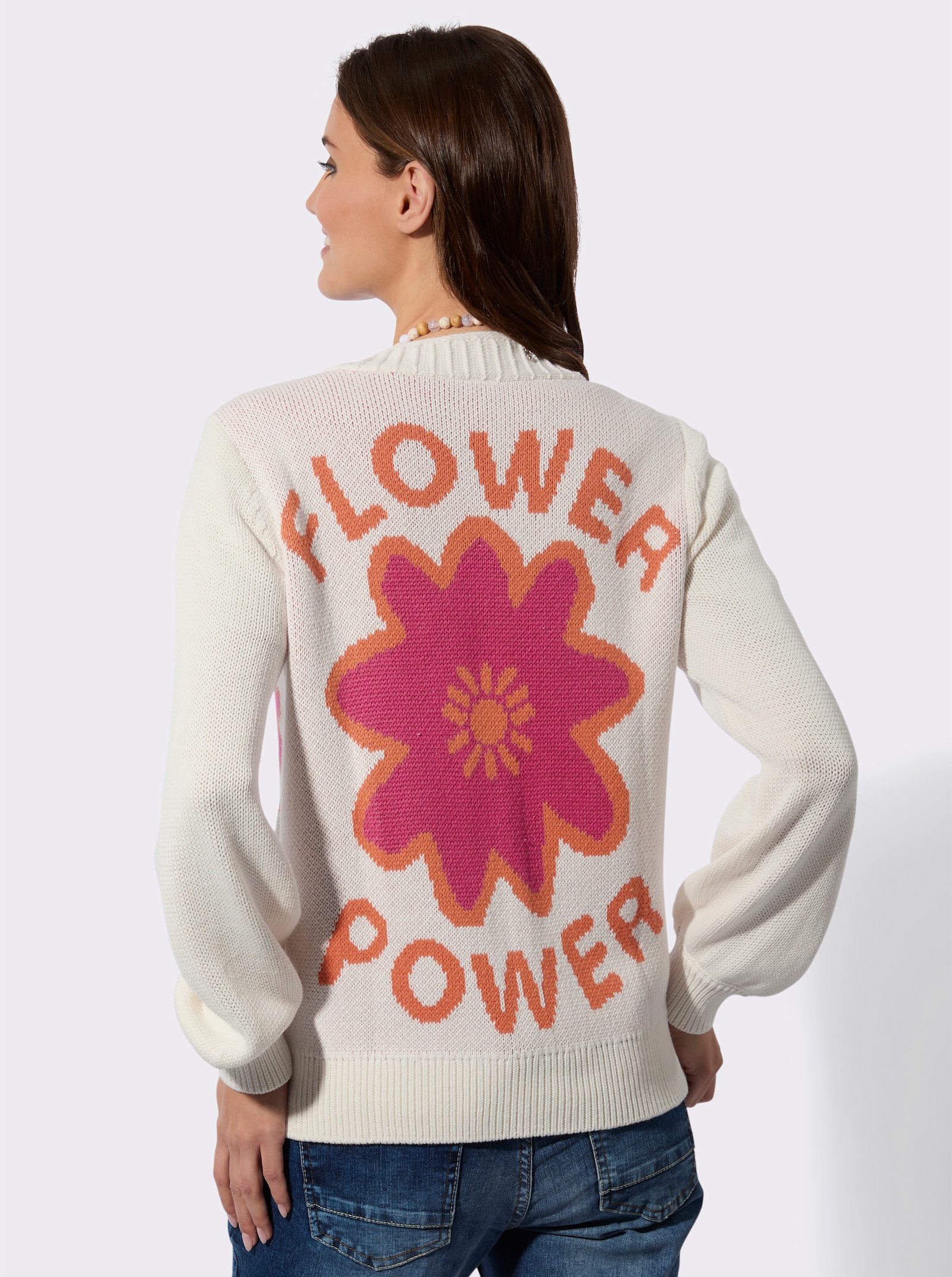 Strickjacke mit Flower Power-Motiv - ecru