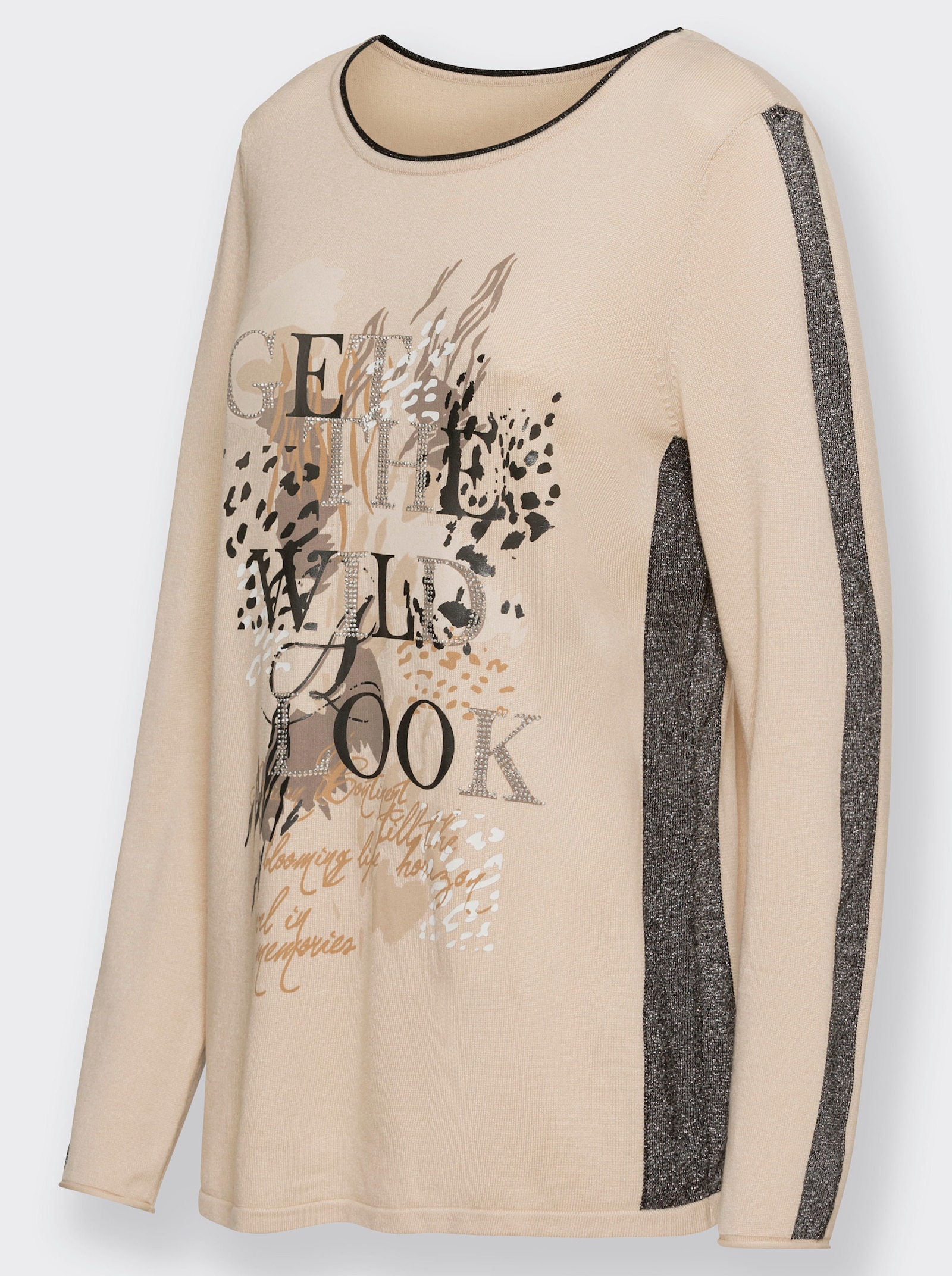 Strickpullover mit Glitzersteinchen - sand-schwarz-bedruckt