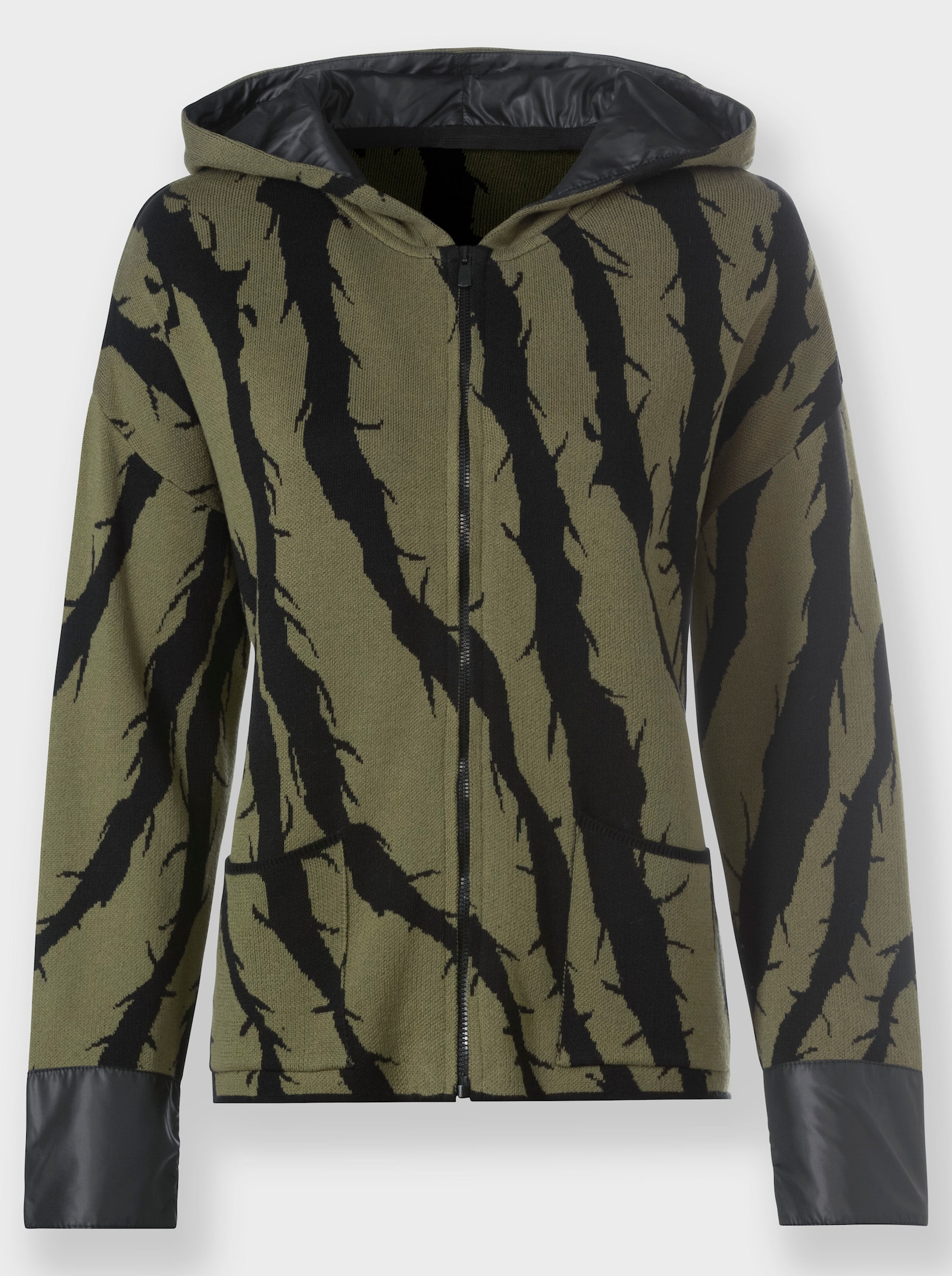 heine Kapuzenstrickjacke im Material-Mix - schwarz-oliv-gemustert