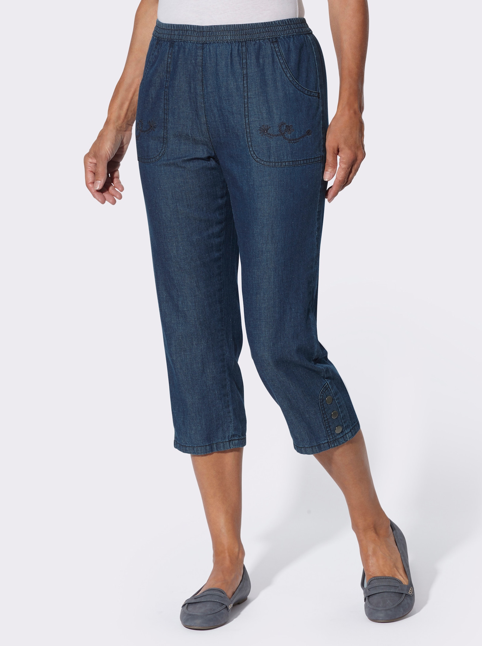 Caprijeans mit Stickerei - blue-stone-washed
