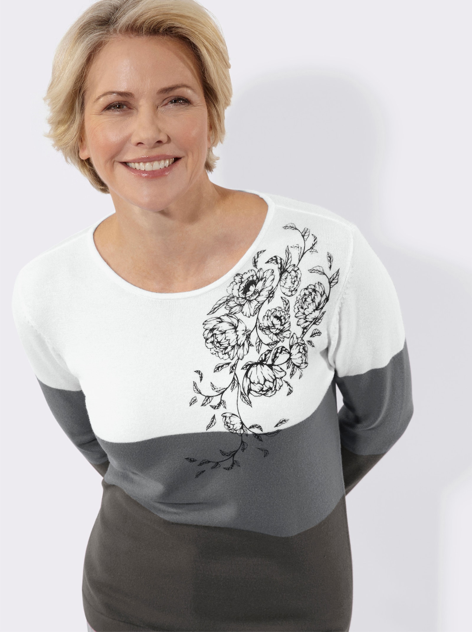 Langarm-Pullover mit platziertem Druck - anthrazit-ecru-gemustert