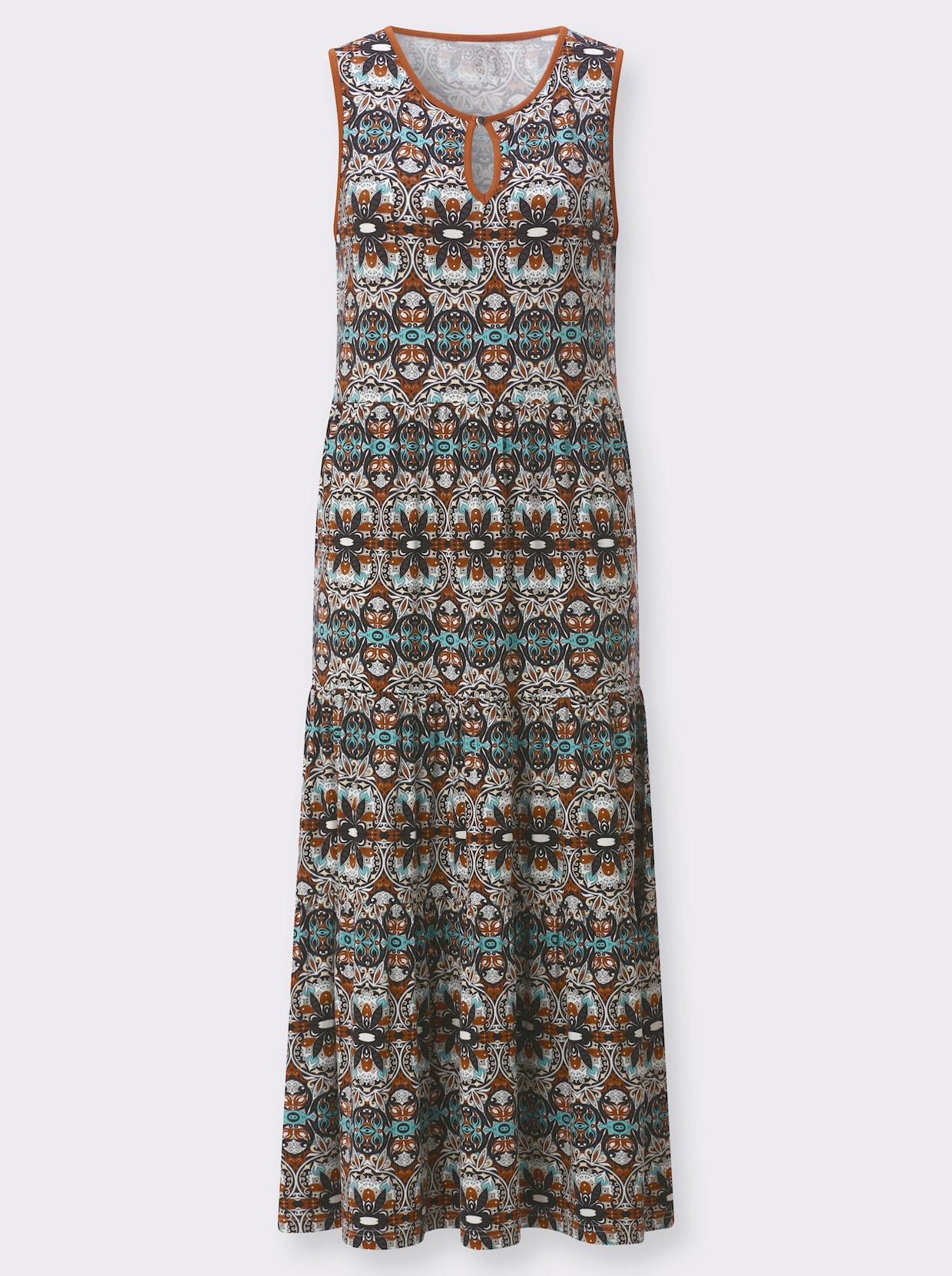 Jerseykleid im Ethnomuster - schwarz-cognac-bedruckt