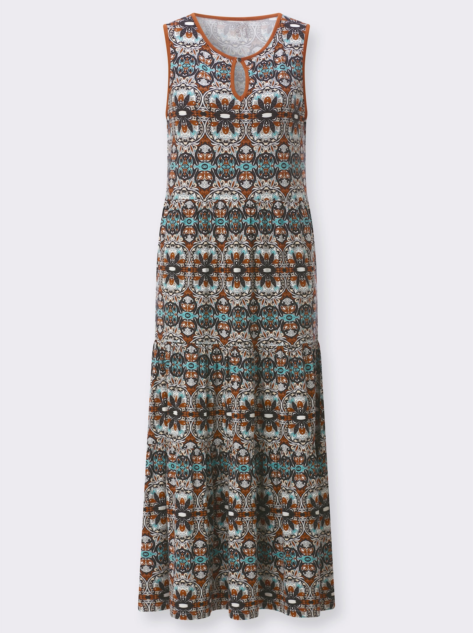 Jerseykleid im Ethnomuster - schwarz-cognac-bedruckt