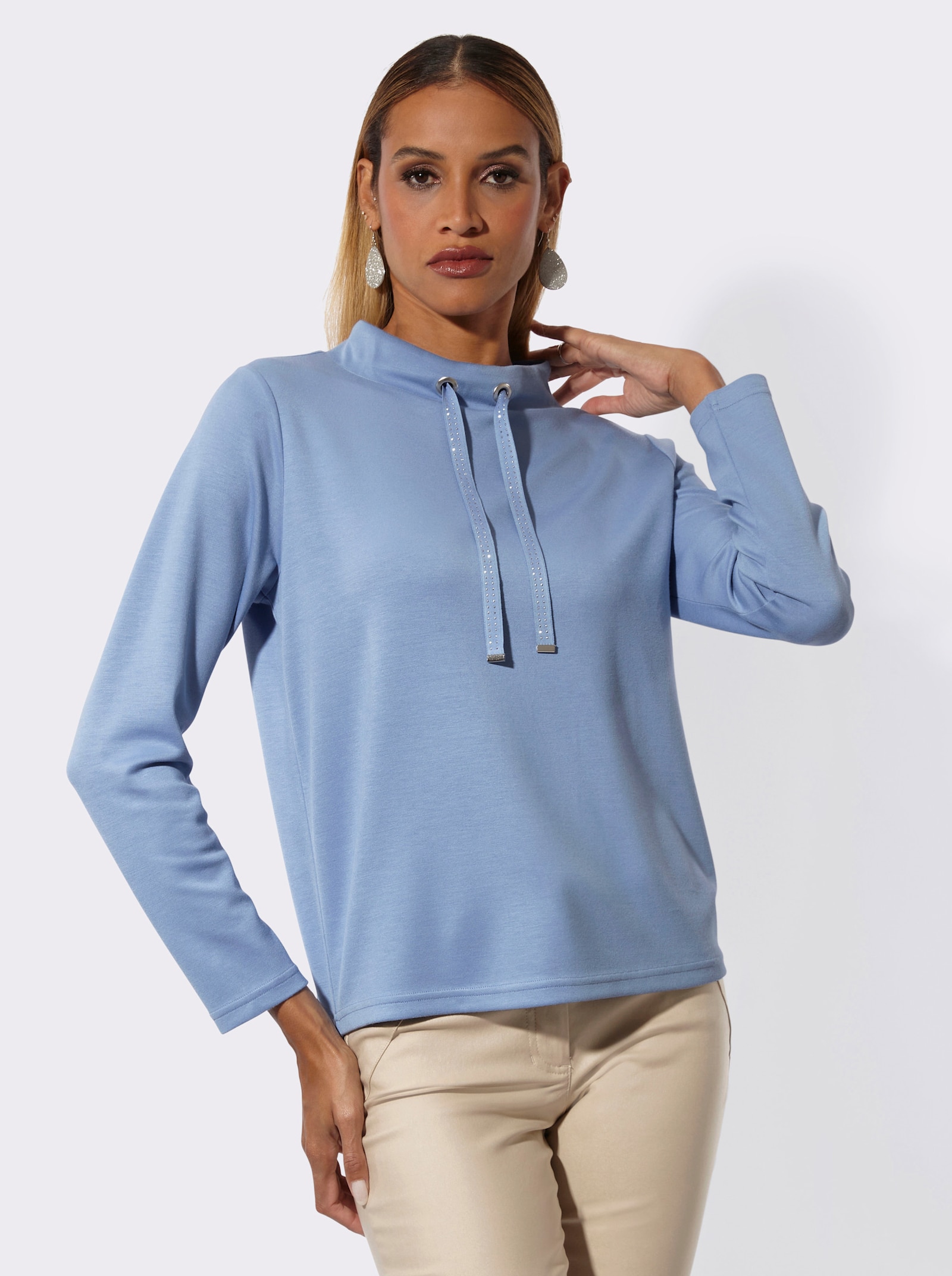 Stehkragenshirt mit Metall-Steinchen auf Bindeband - bleu