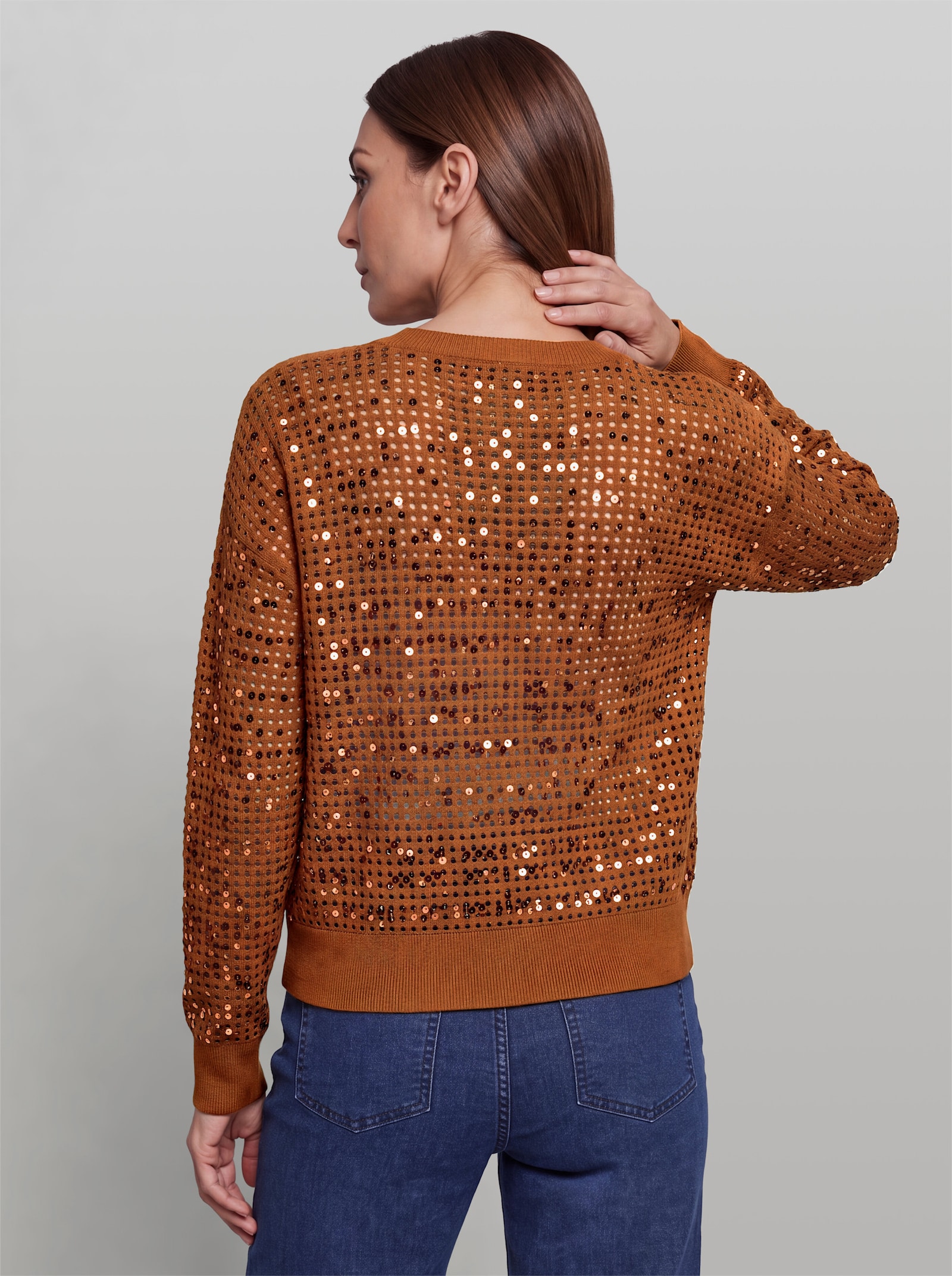 heine Langarm-Pullover in Netzstrick-Optik - cognac