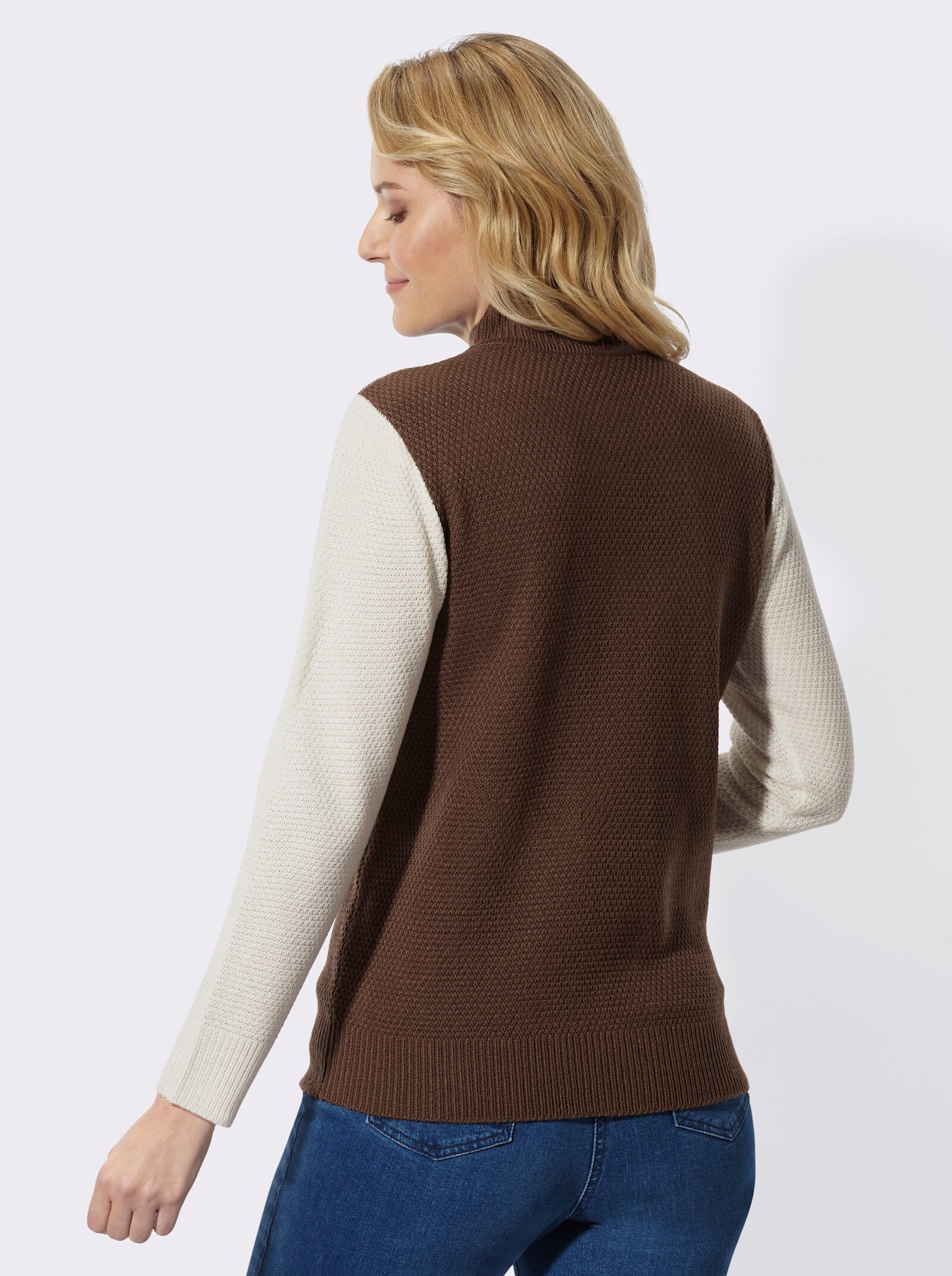 Stehkragenpullover in Patchwork-Optik - braun-ecru-gemustert