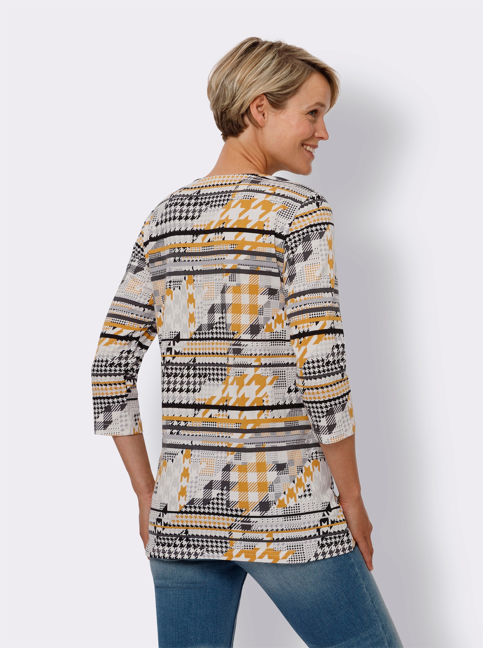 Lang shirt met 3/4-mouwen - oker/grafiet bedrukt