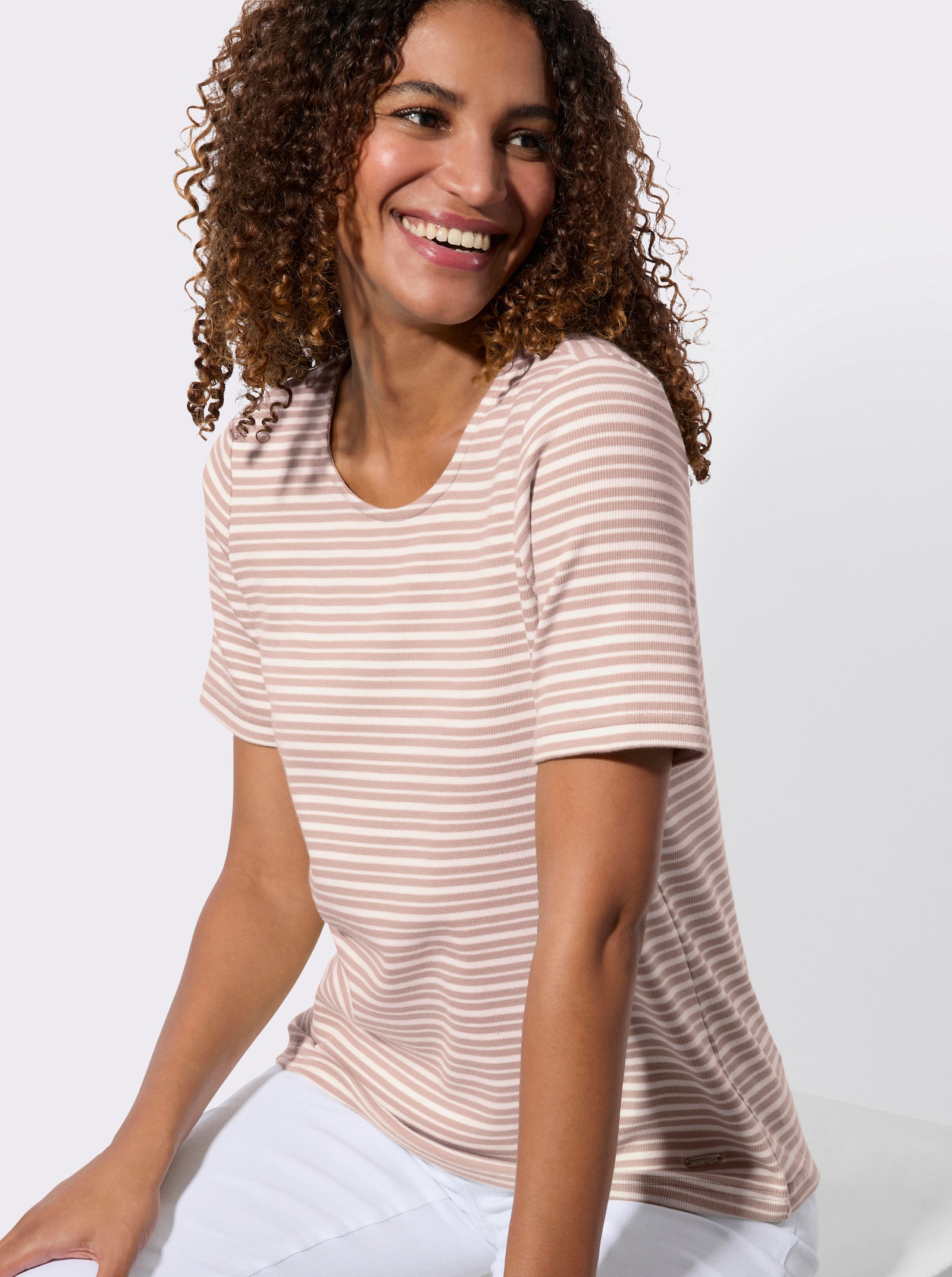 Streifenshirt in Baumwoll-Stretch-Qualität - puder-weiß-gestreift