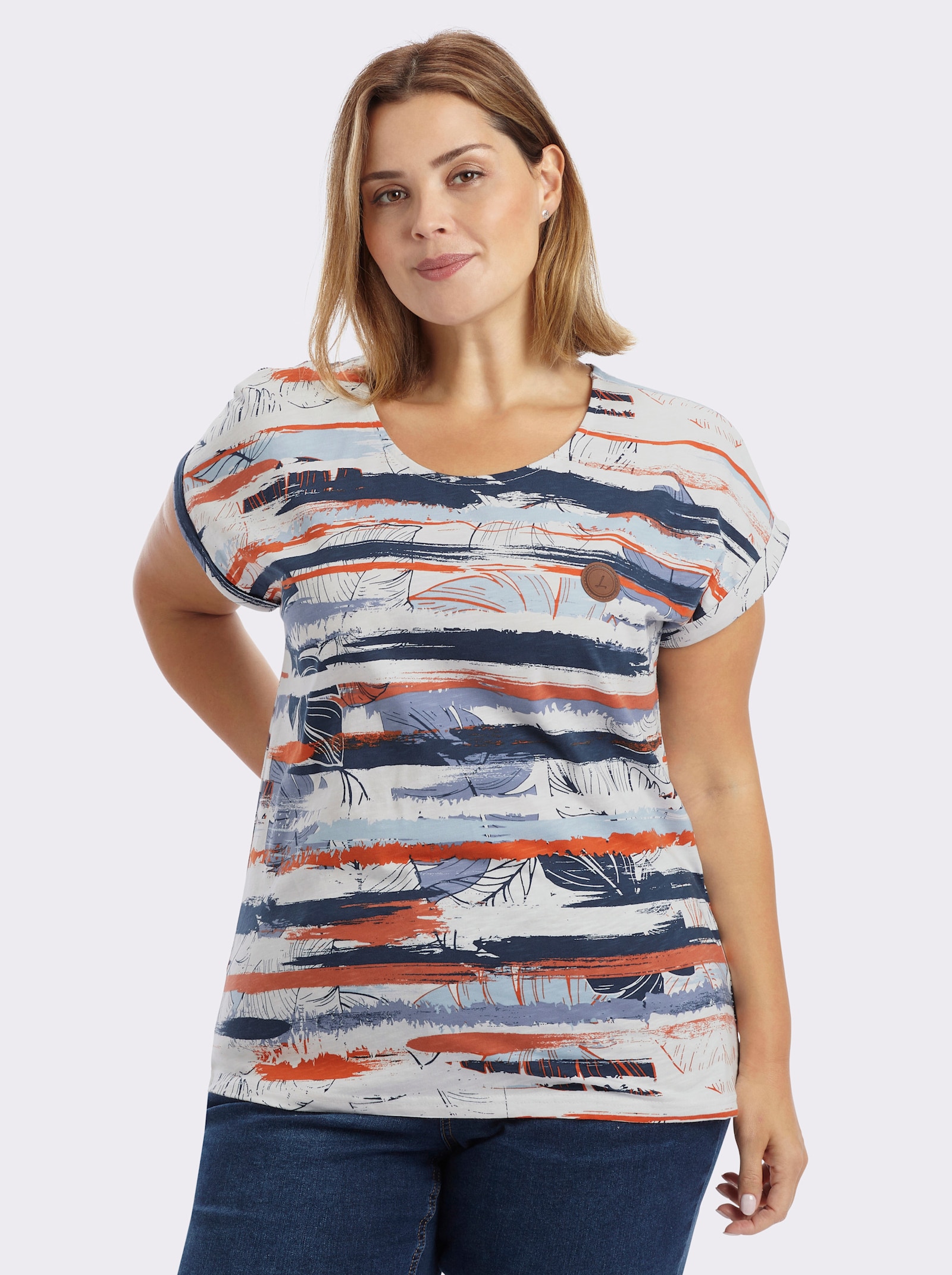 Print-Shirt mit vorne abgerundetem Saum - dunkelblau-papaya-bedruckt