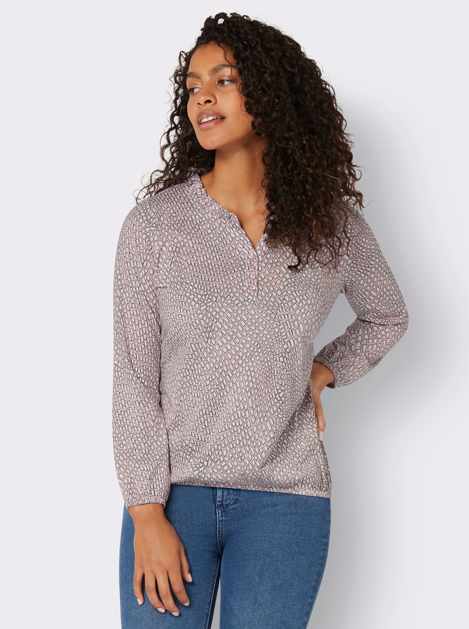 Shirt met lange mouwen in materiaalmix - hortensia/ecru bedrukt