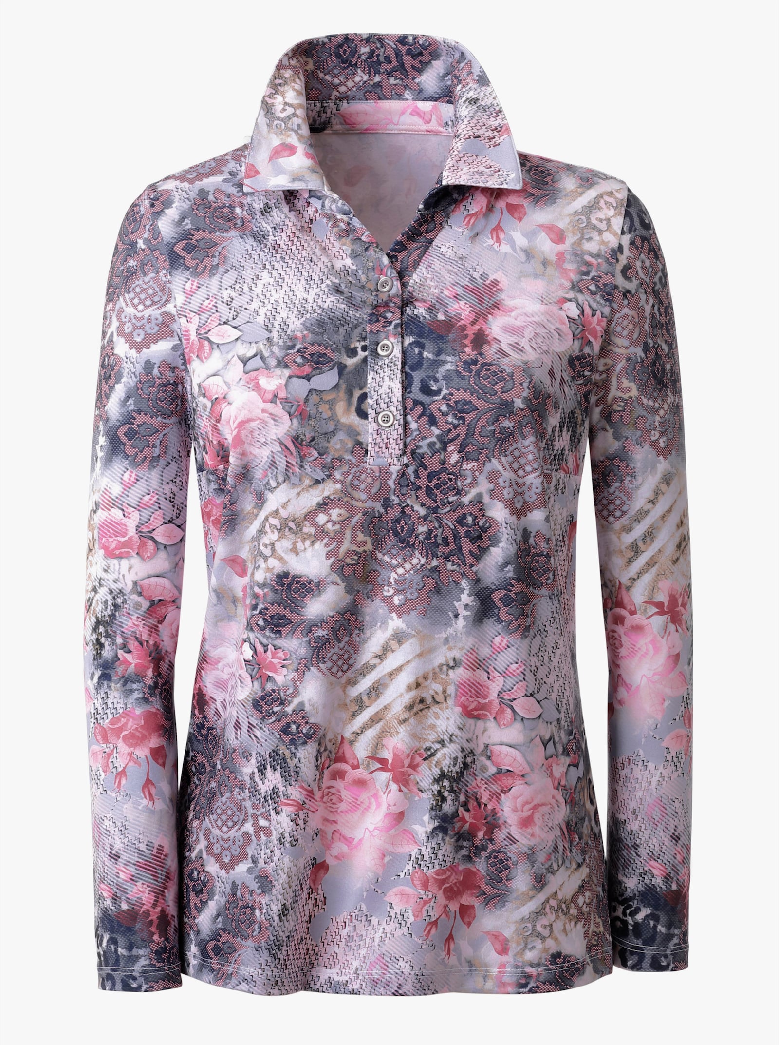 Poloshirt in Single-Jersey-Qualität - steingrau-altrosé-bedruckt