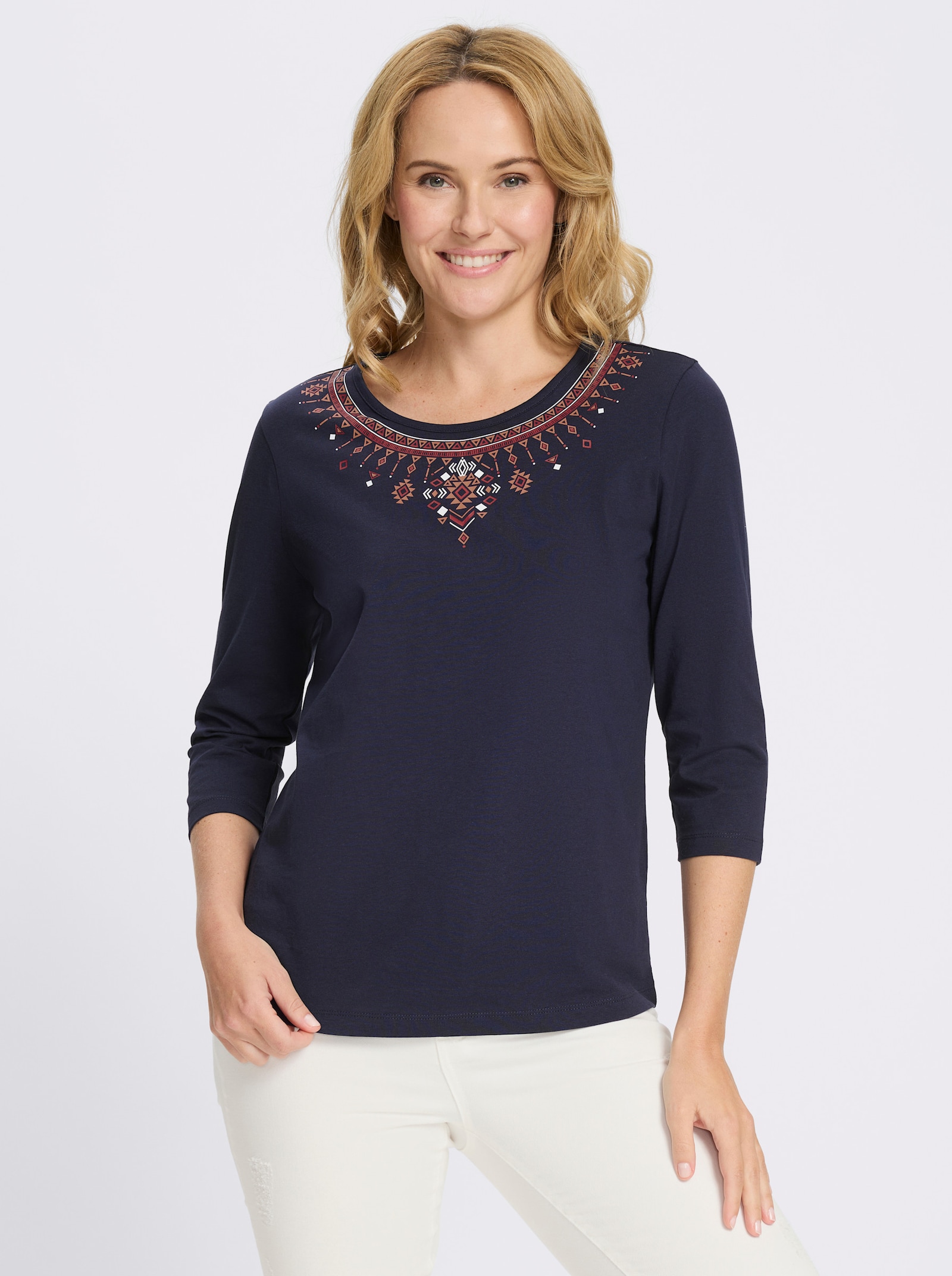 3/4-Arm-Shirt mit platziertem Ethno-Print - marine-kirsche