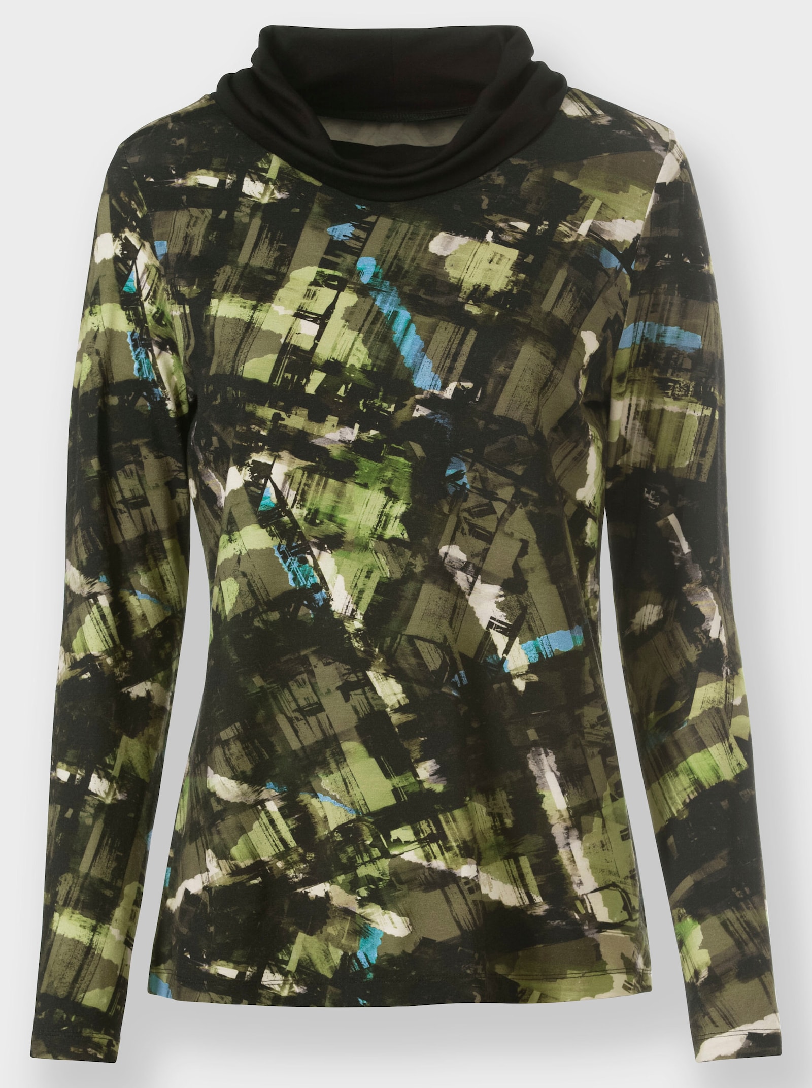 heine Shirt met lange mouwen en platte kraag - zwart/kaki geprint