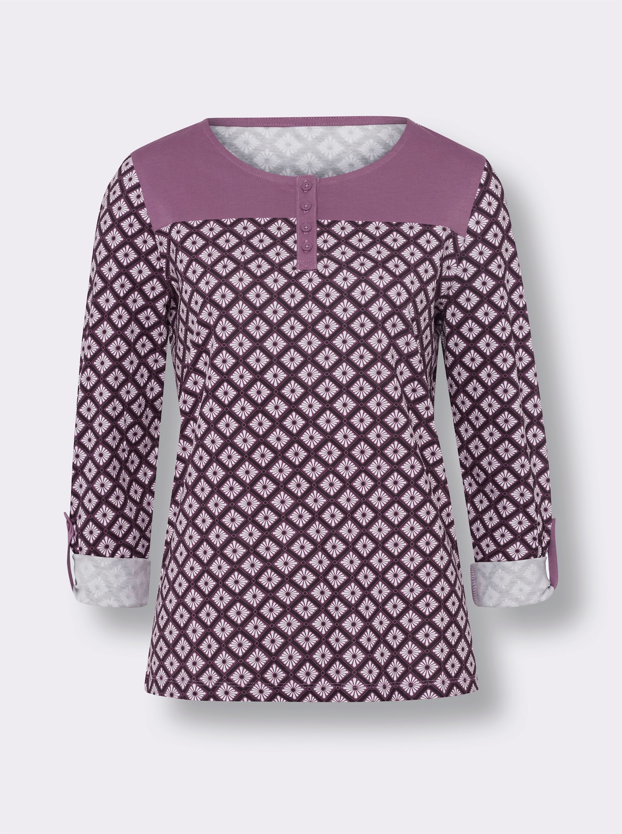 Rundhalsshirt - violett-weiß-bedruckt