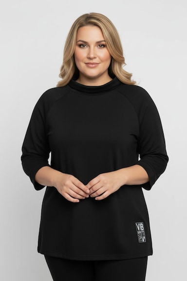 3/4-Arm-Shirt mit halsfernem Rollkragen - schwarz