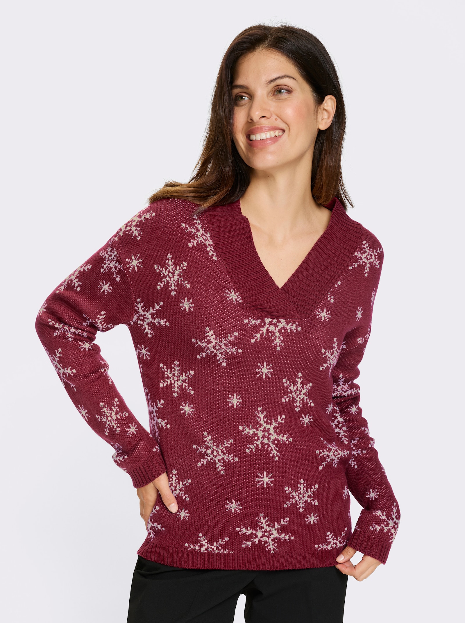 Langarm-Pullover mit Schneeflocken-Jacquardmuster - kirsche-ecru