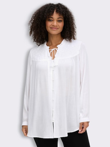 sheego Crinklebluse mit bestickter Passe - ecru