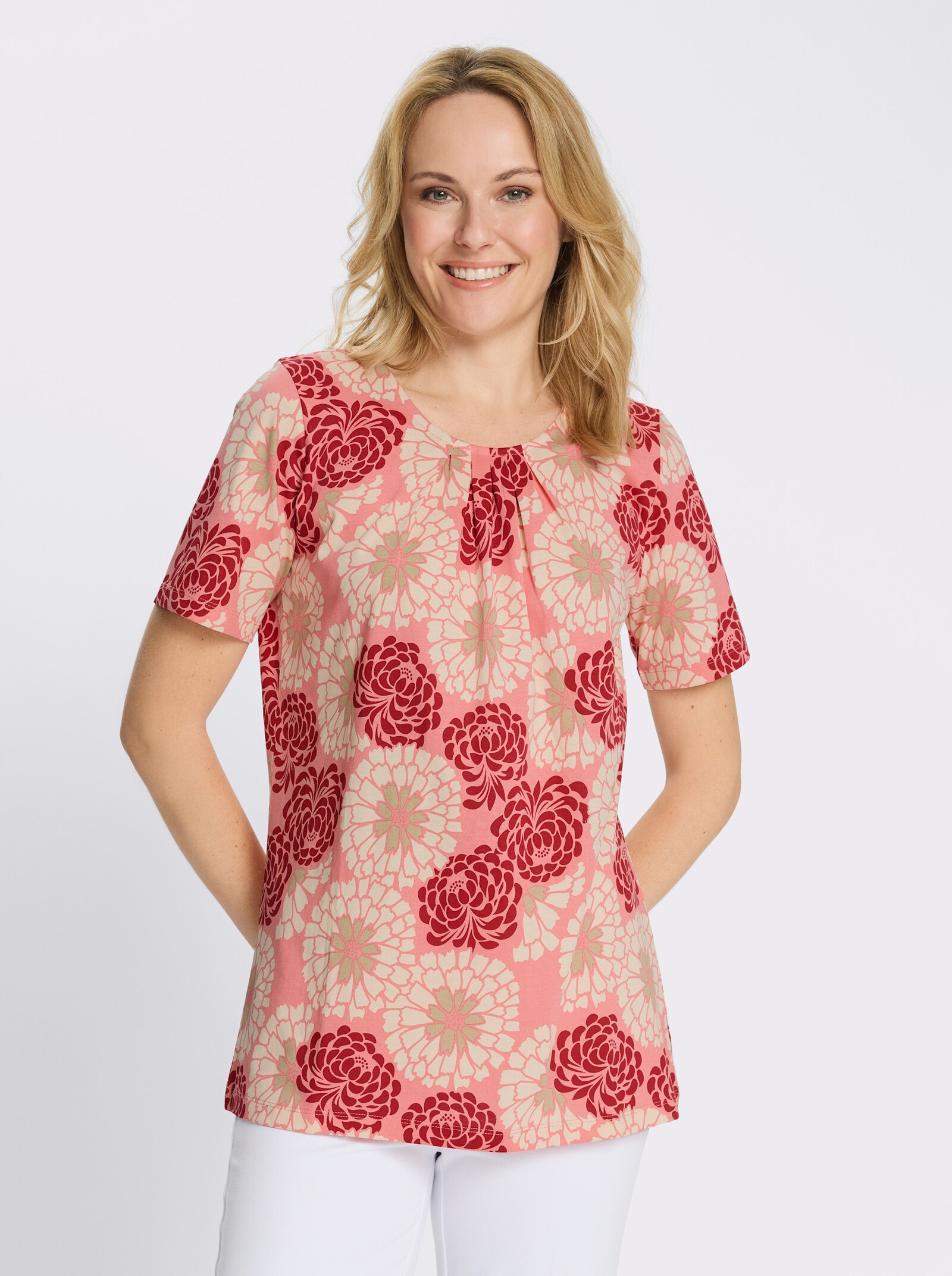 Longshirt in schmeichelnder A-Linie - flamingo-kirsche-bedruckt