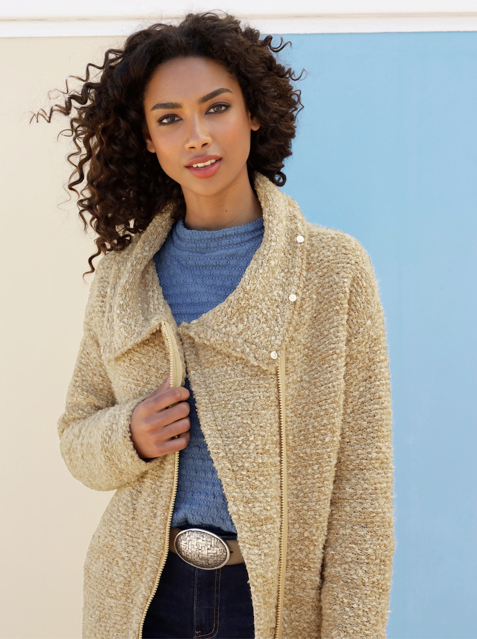 heine Veste longue en tricot avec col imitation fourrure - chamois-sable chiné