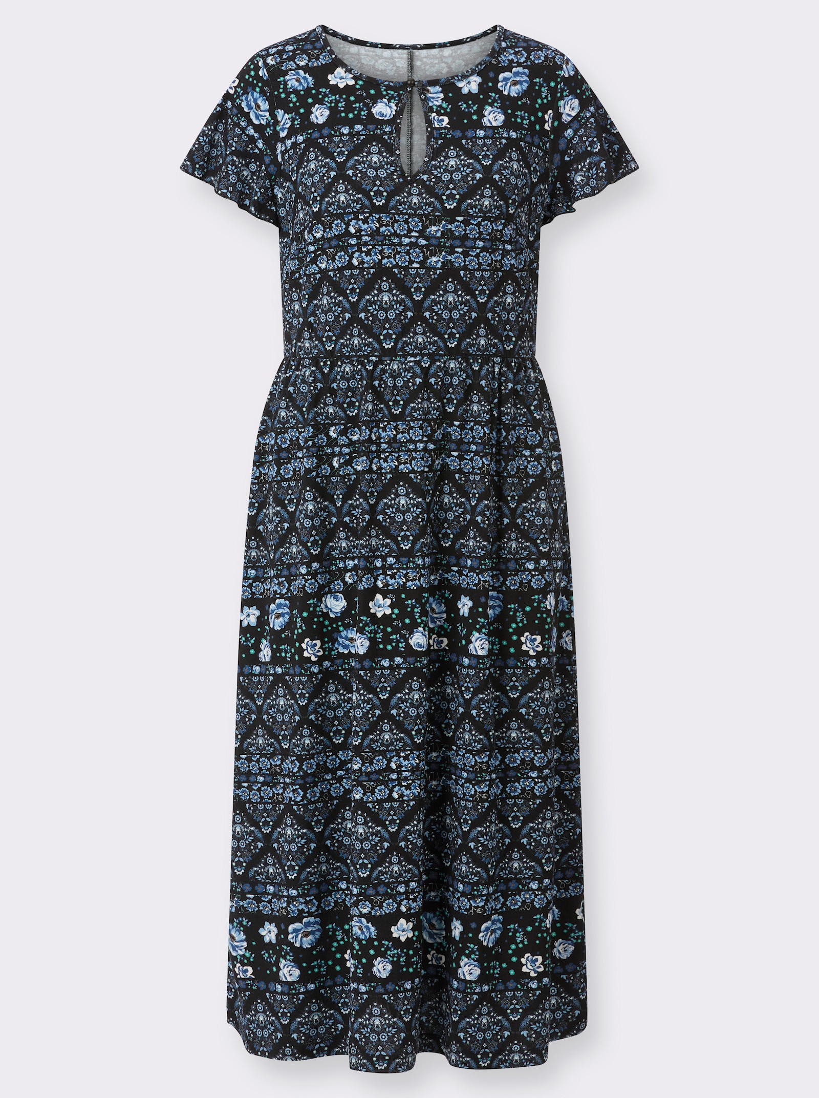 Jerseykleid mit Gummizug auf Taillenhöhe - jeansblau-schwarz-bedruckt