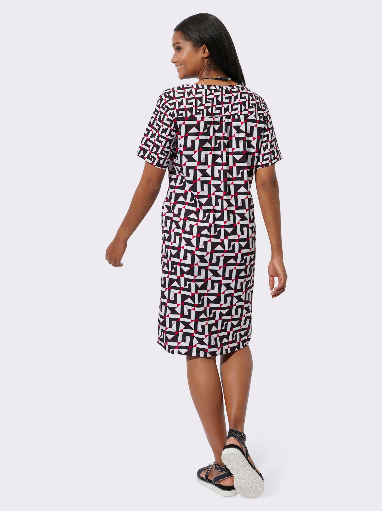 Druckkleid in Viskose-Web-Qualität - schwarz-rot-bedruckt