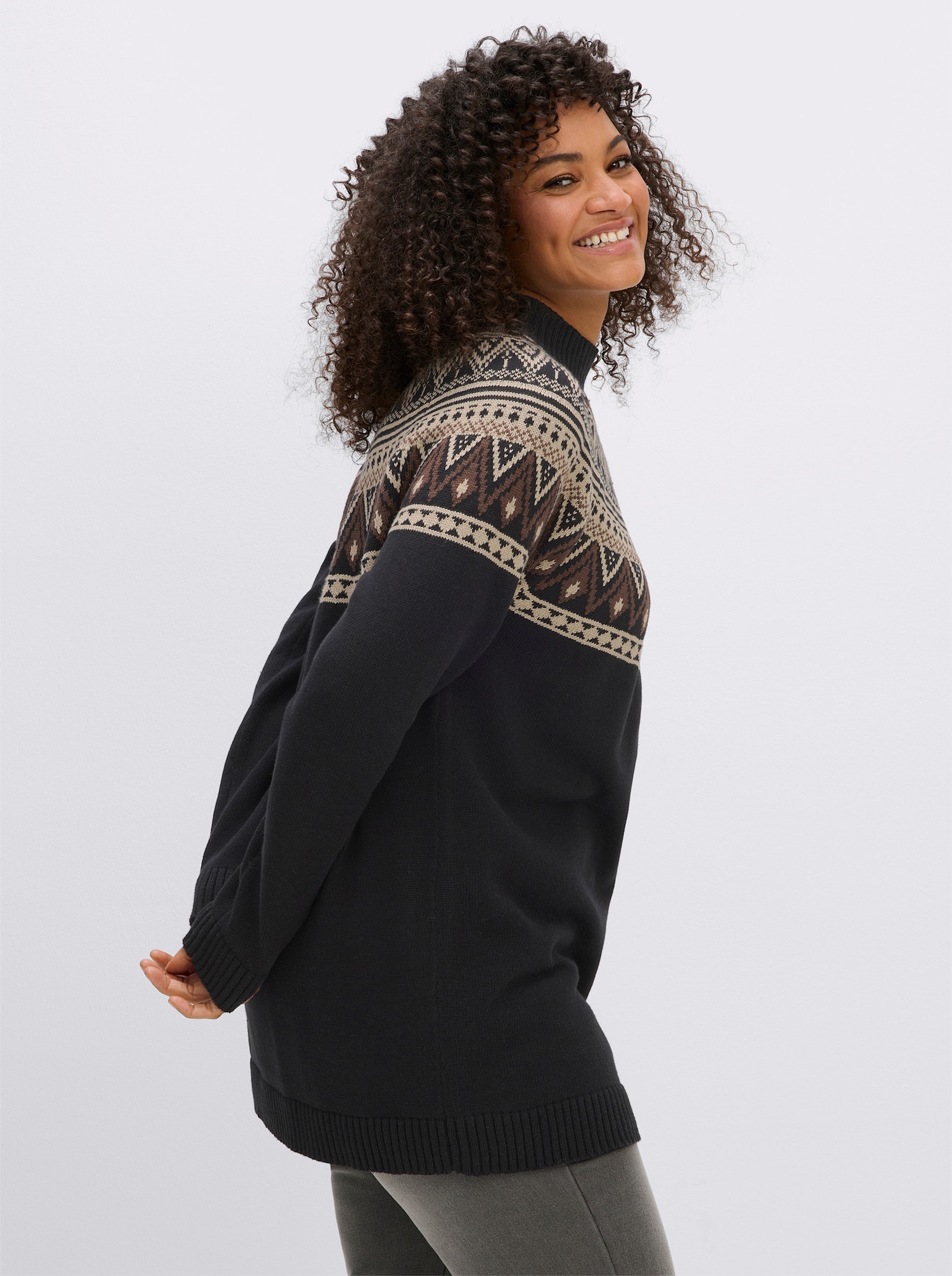 sheego Jacquardpullover im Norweger-Stil - schwarz-beige-gemustert