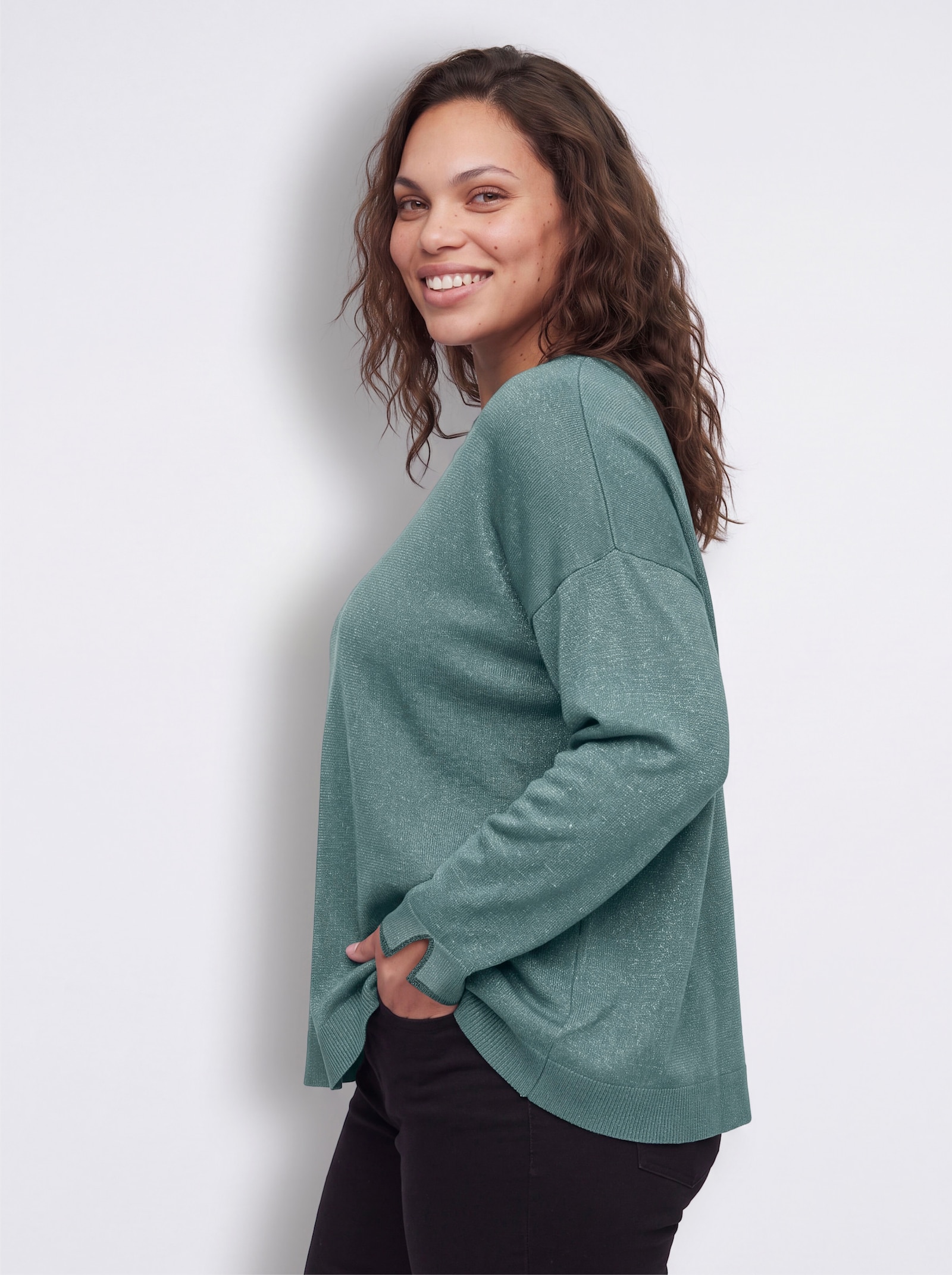 sheego Lurex-Pullover in weiter A-Linie - petrol
