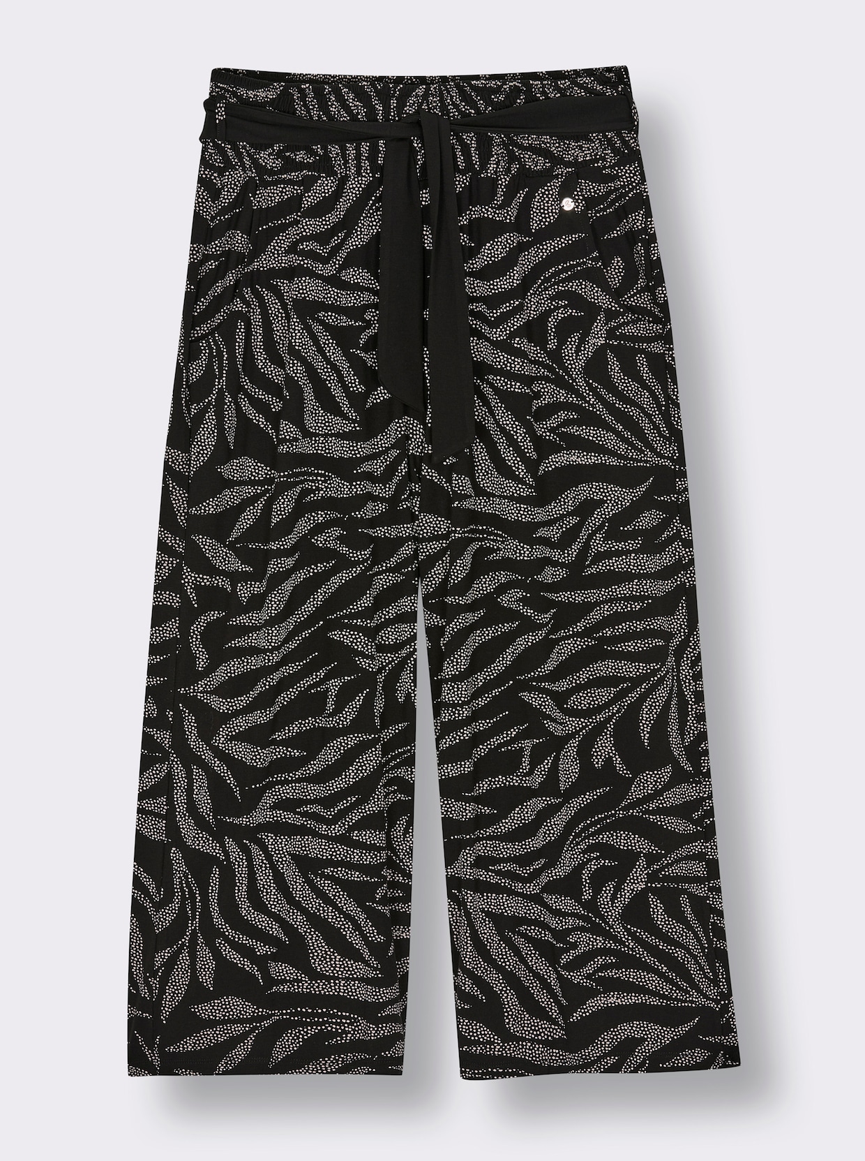 sheego Culotte mit Blätterprint und Bindegürtel - zwart/ecru geprint