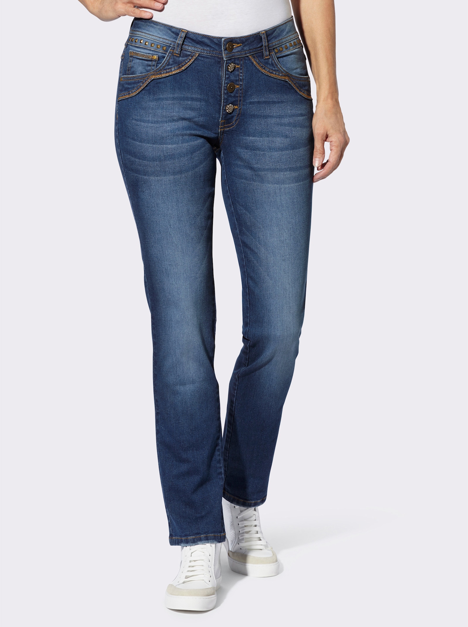 5-Pocket-Jeans mit glitzernden Schmuckknöpfen - blue-stone-washed