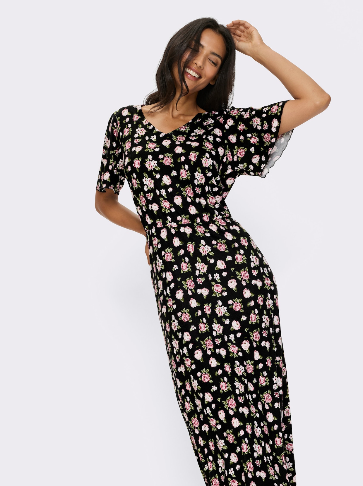 Jerseykleid - schwarz-altrosa-bedruckt