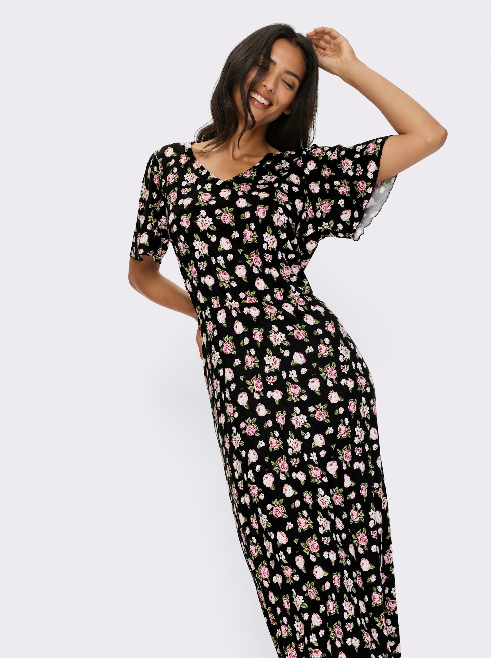 Jerseykleid im Blüten-Dessin - schwarz-altrosa-bedruckt