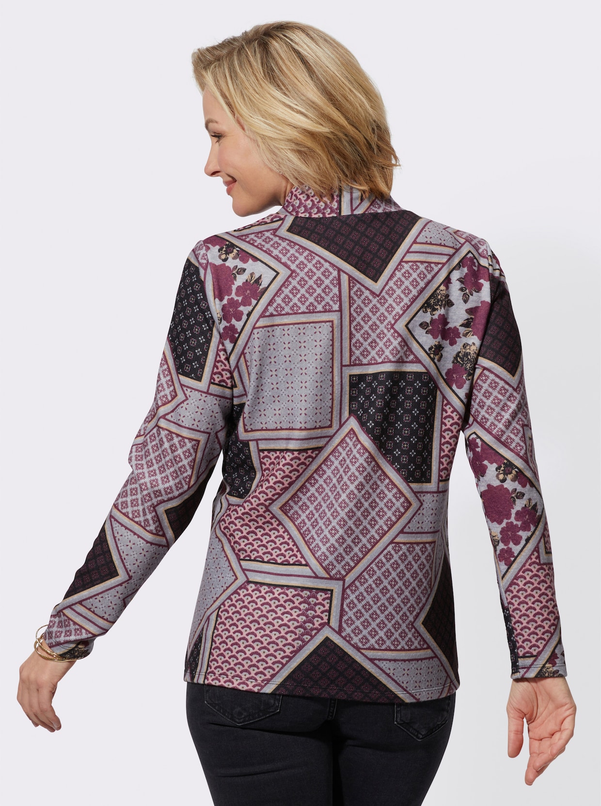 Shirt met opstaande kraag - bordeaux/steengrijs bedrukt
