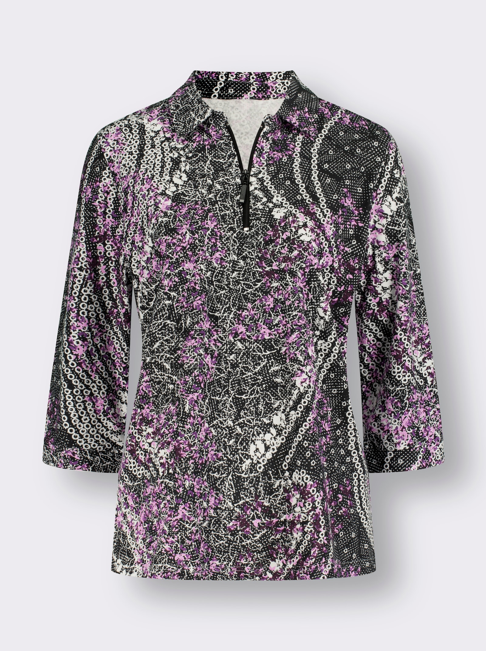 Poloshirt mit individuell ausfallendem Druckmuster - orchidee-schwarz-bedruckt