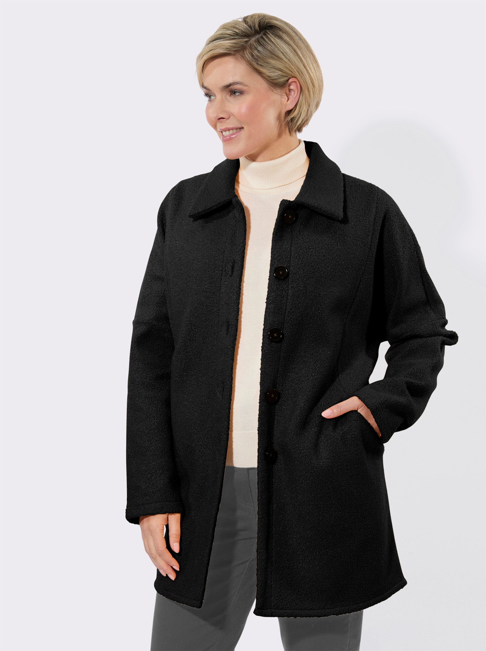 Longjacke mit Fledermausärmeln, Bouclé-Qualität - schwarz
