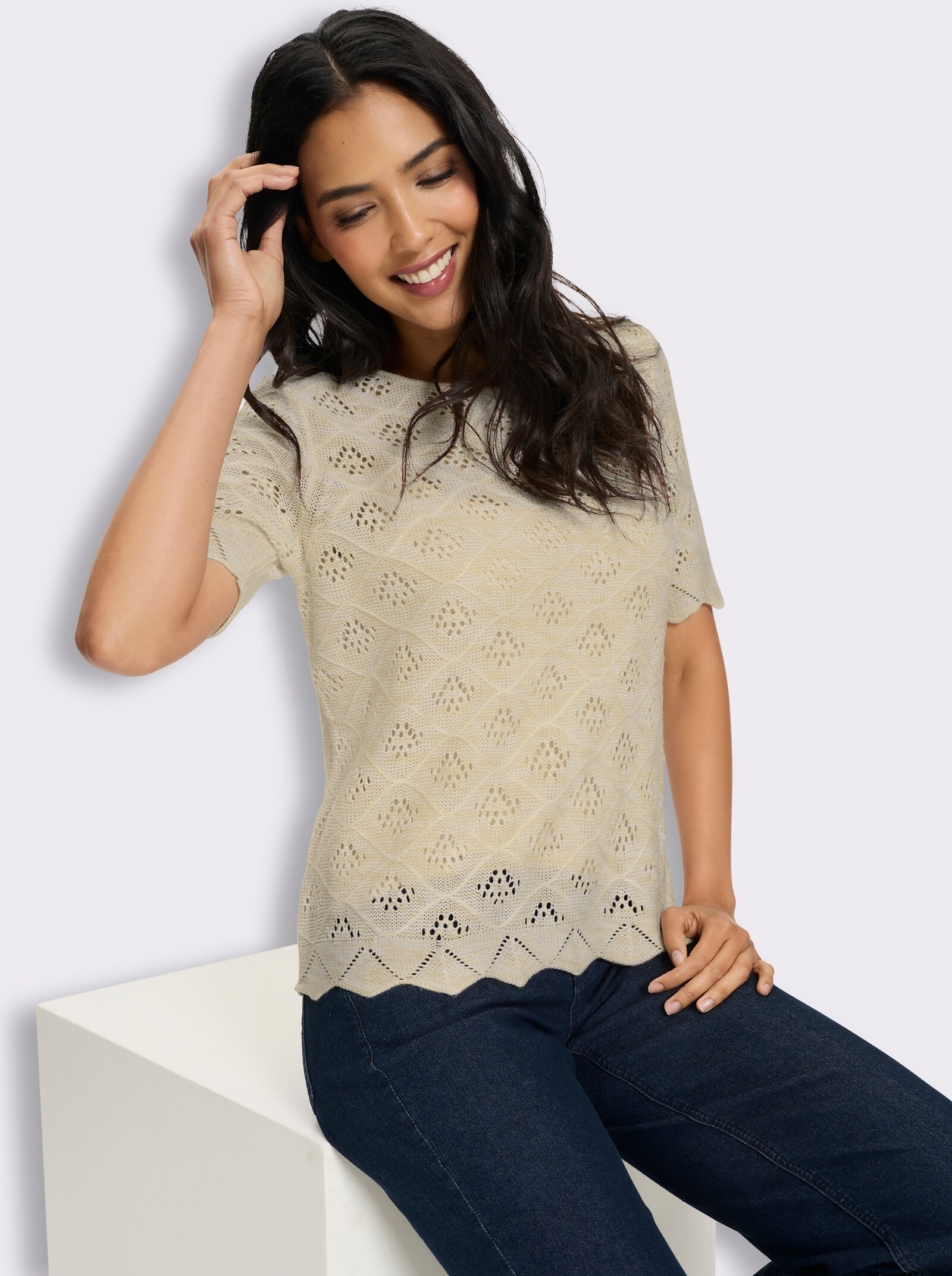 Kurzarmpullover mit Ajour-Muster allover - sand-weiß-meliert