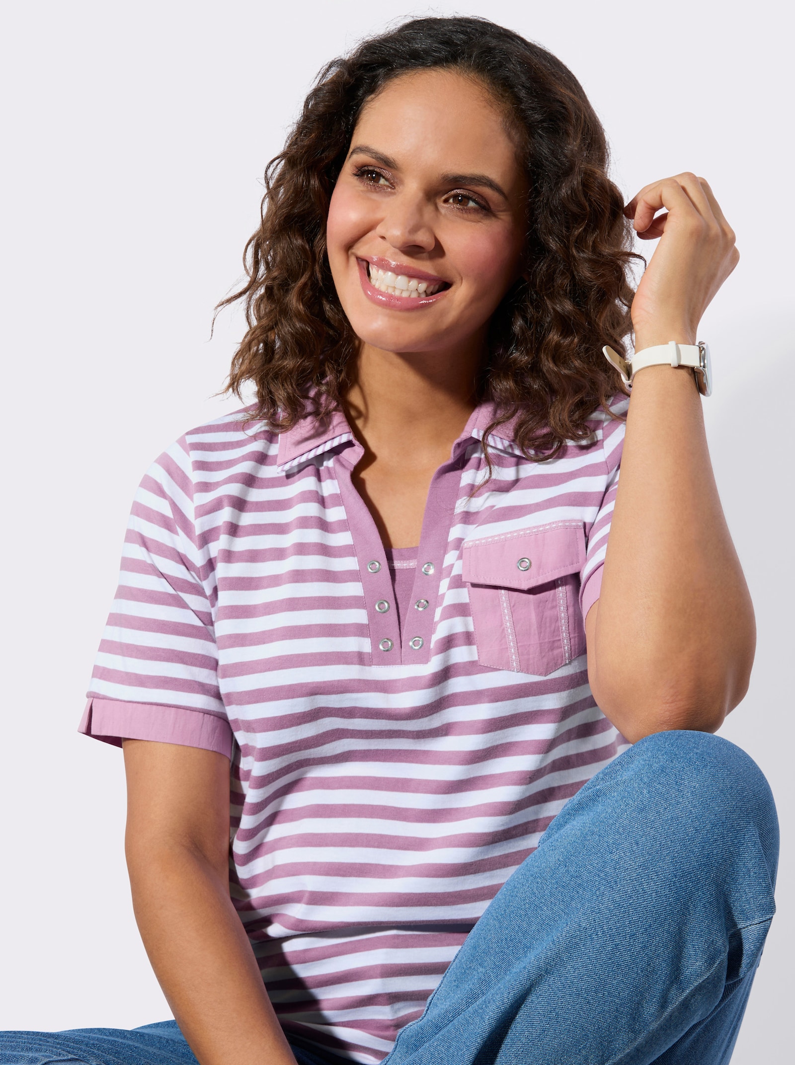 Poloshirt mit Ösen-Verzierung - orchidee-weiß-geringelt