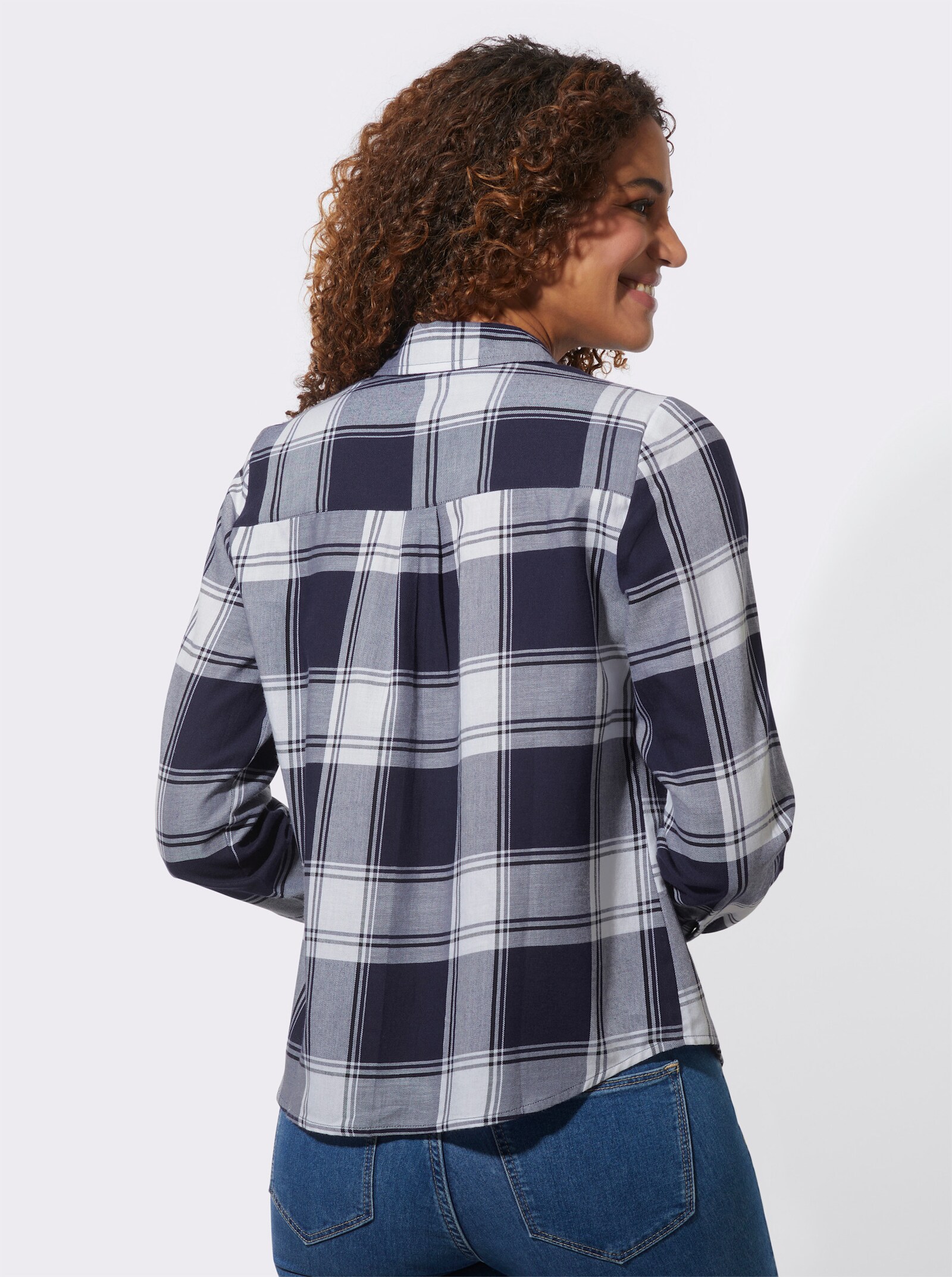 Flanellbluse in Karo-Muster - marine-weiß-kariert