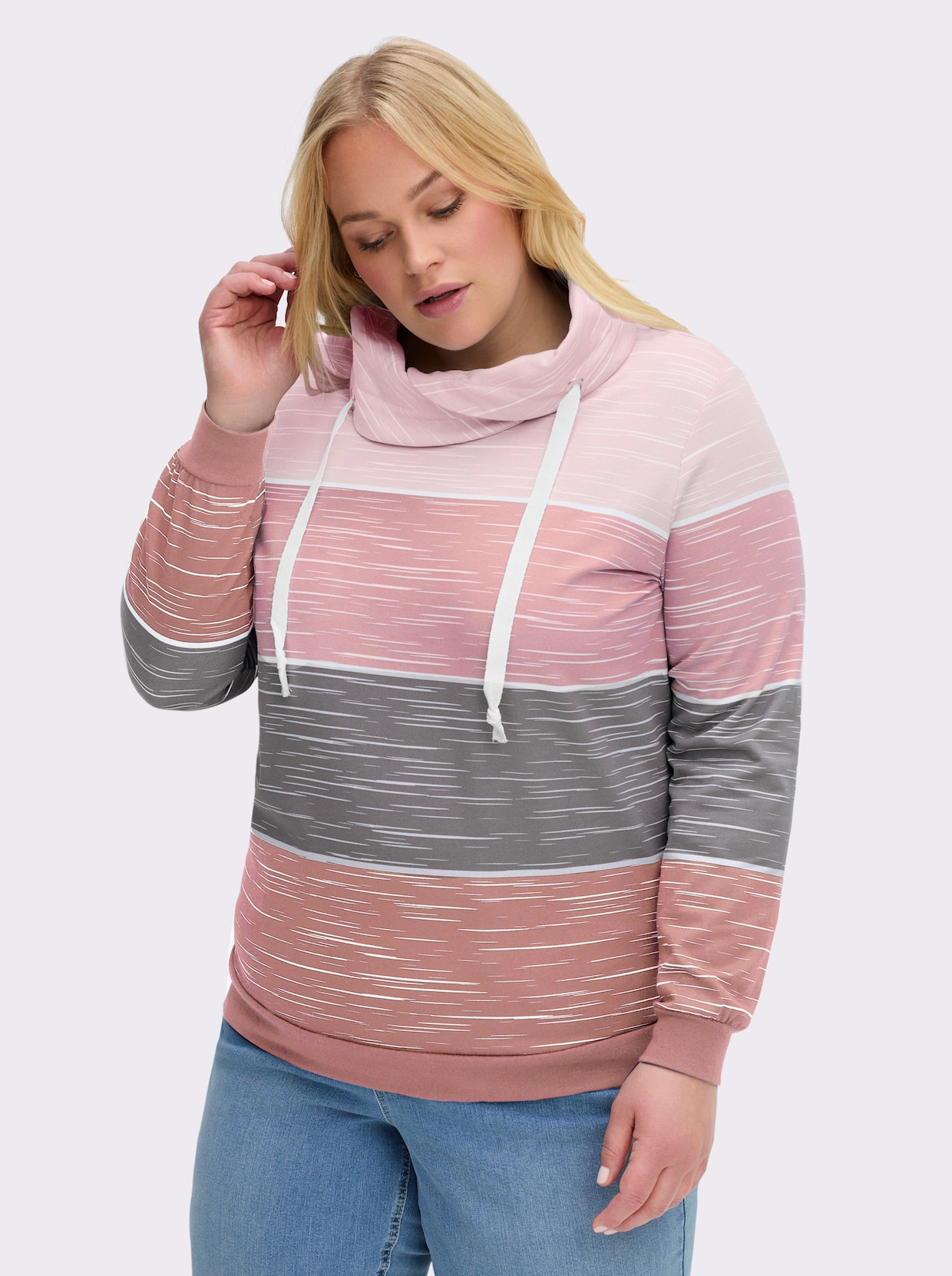 Sweatshirt mit überlappendem Rollkragen - rosenholz-hellrosé-bedruckt