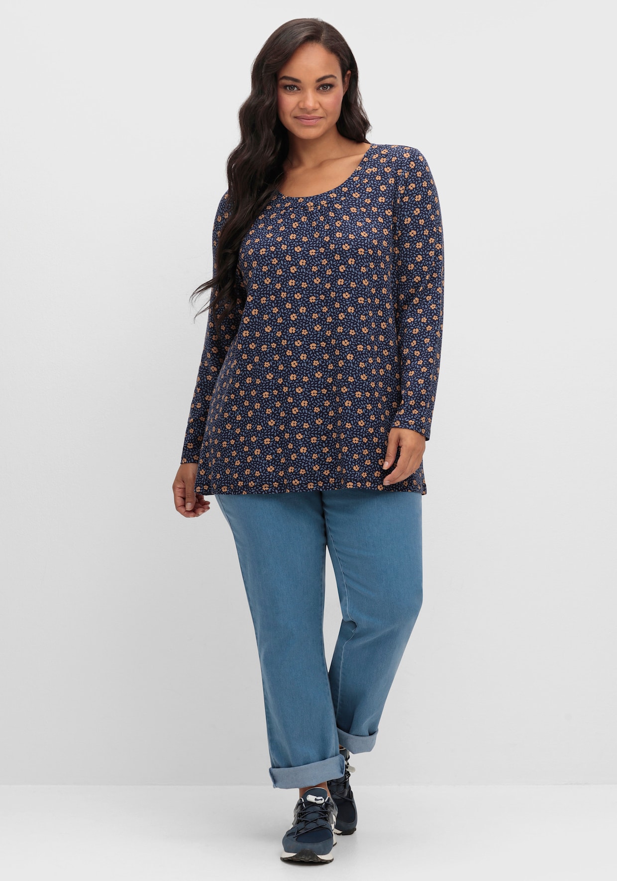 Tunikashirt in A-Form - marine-camel-bedruckt