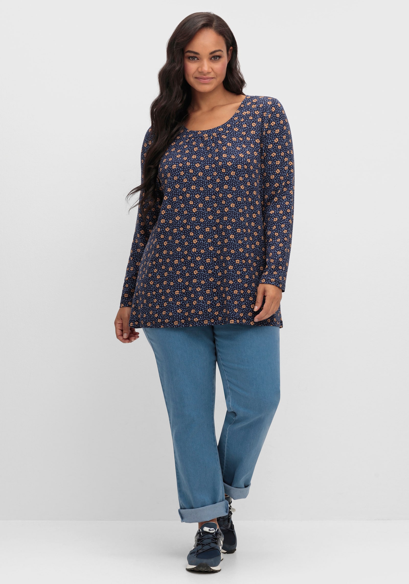 Tunikashirt in A-Form - marine-camel-bedruckt