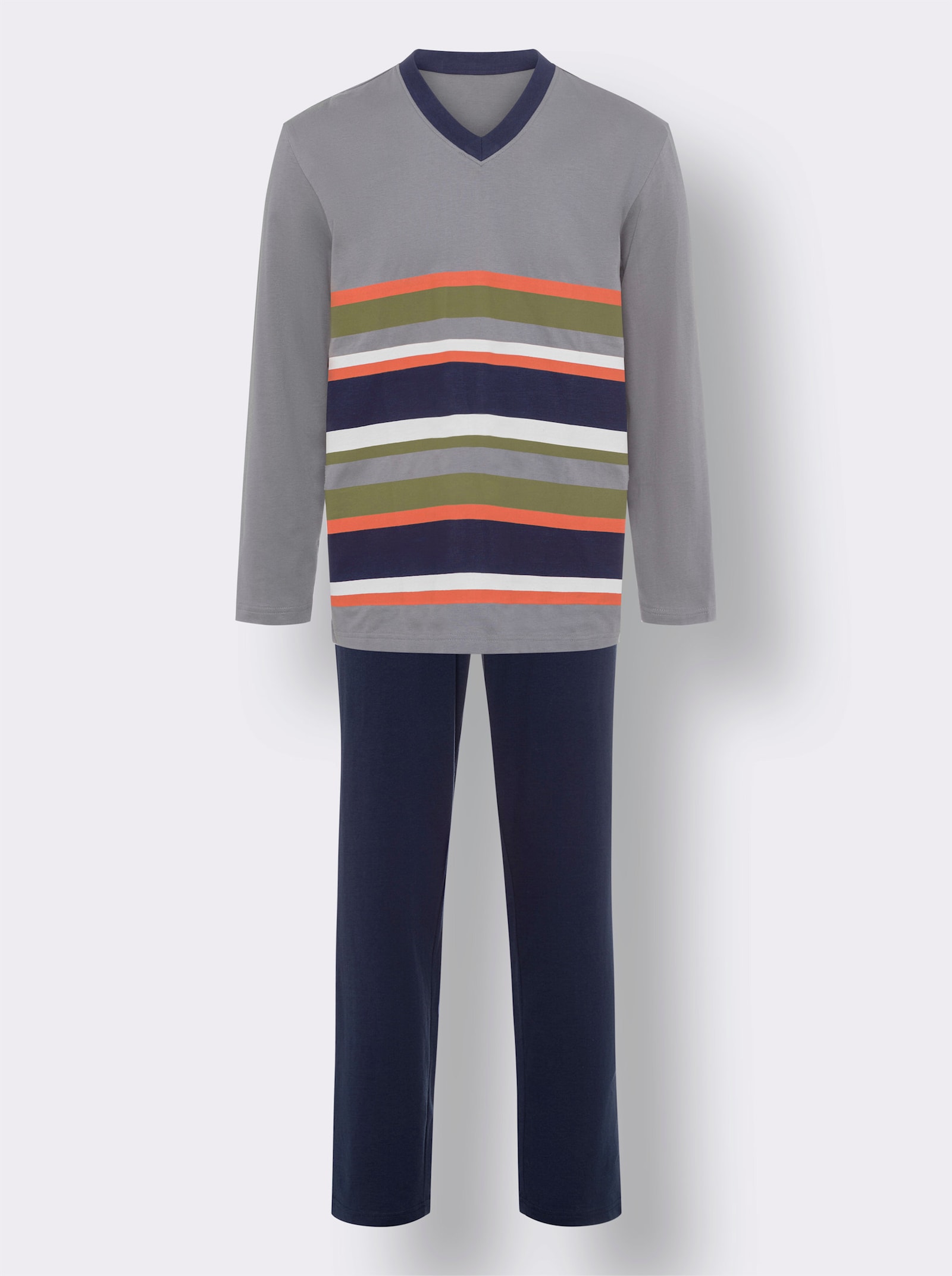 Schlafanzug mit Streifendruck - steingrau-marine