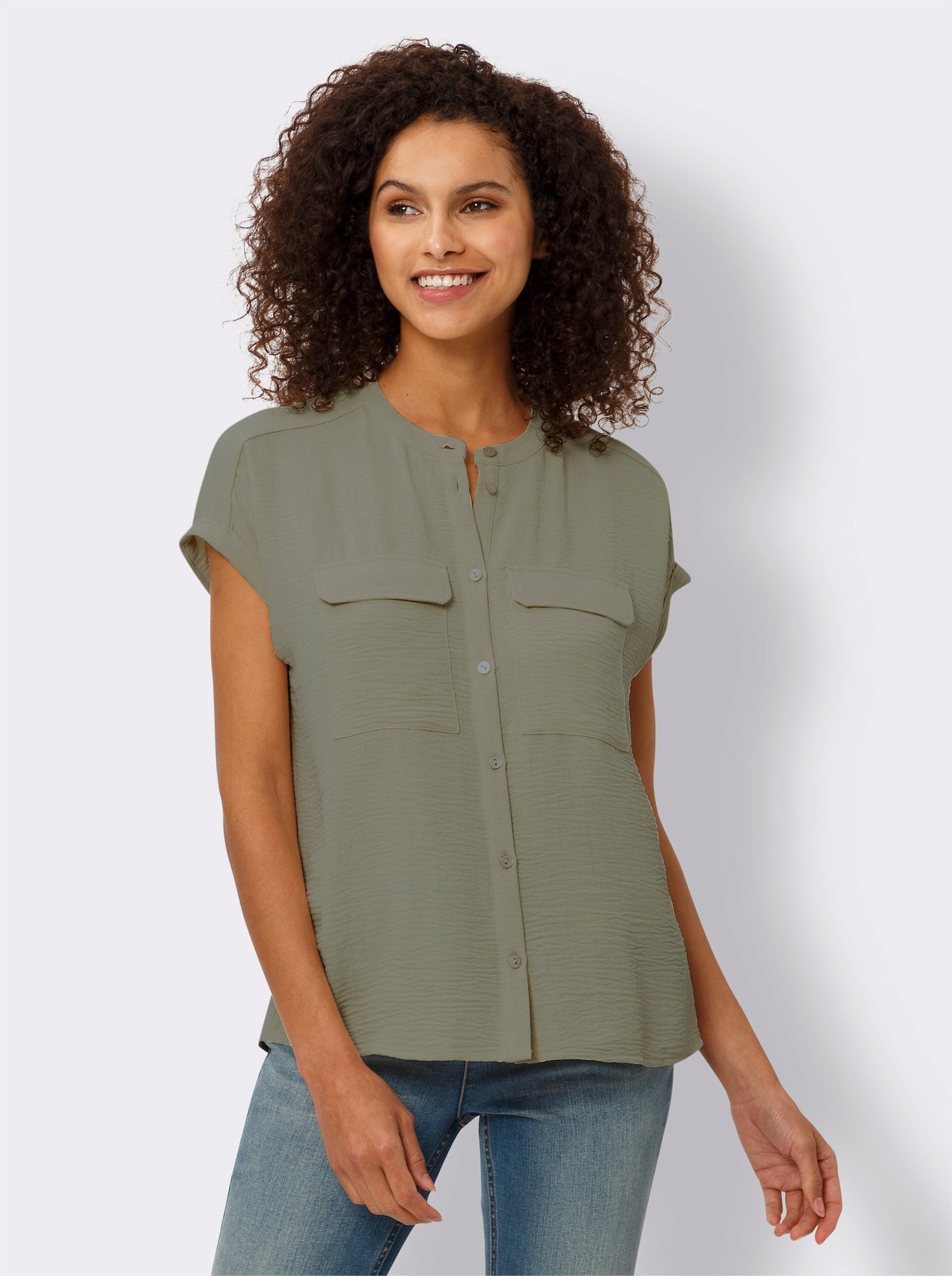 heine Kurzarmbluse in Crinkle-Optik - khaki