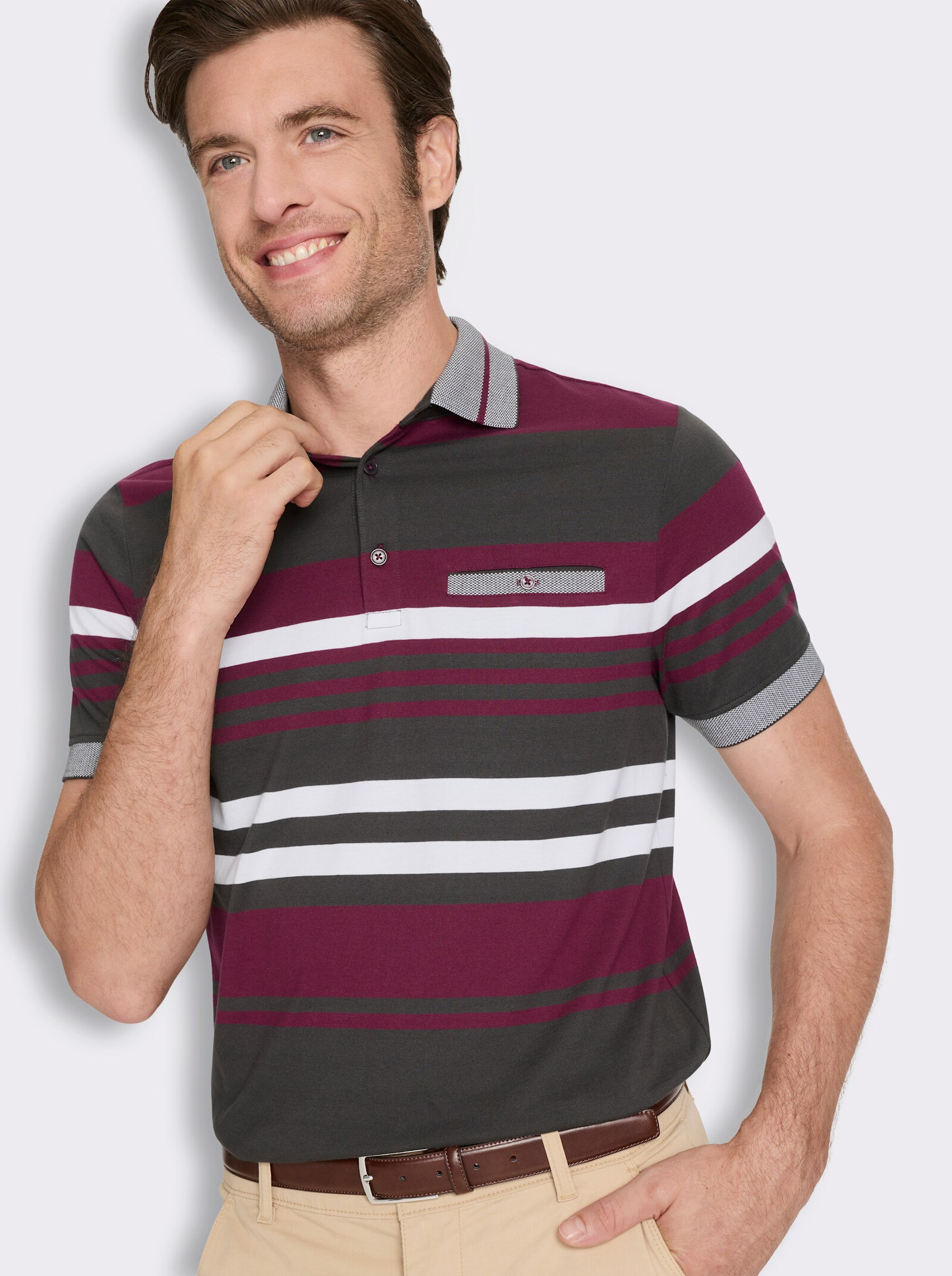 Marco Donati Kurzarmshirt mit knöpfbarer Brusttasche - ecru-bordeaux-gestreift