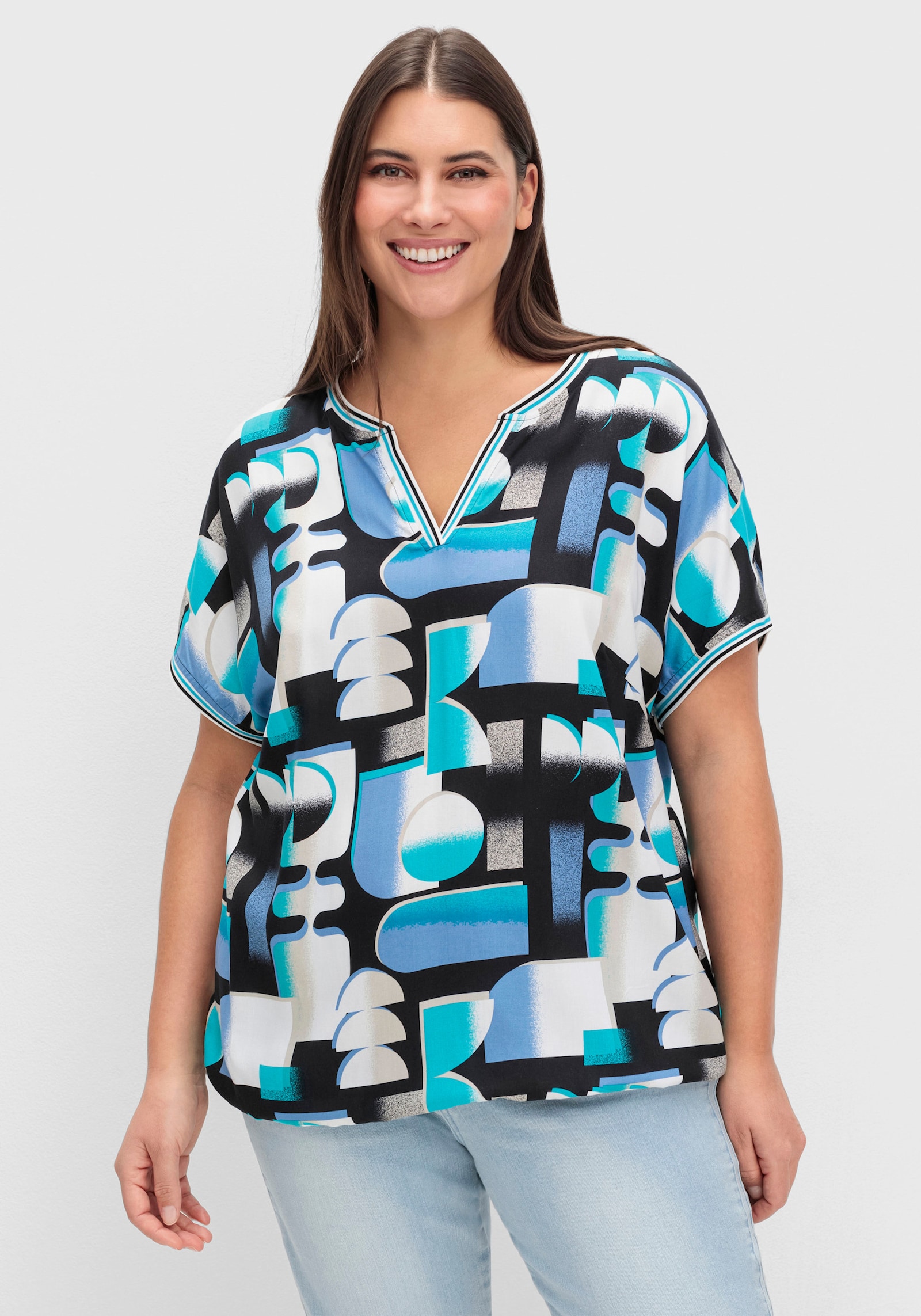 Druckbluse mit gestreiften Bündchen - türkis-schwarz-bedruckt