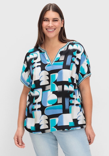 Druckbluse mit gestreiften Bündchen - türkis-schwarz-bedruckt