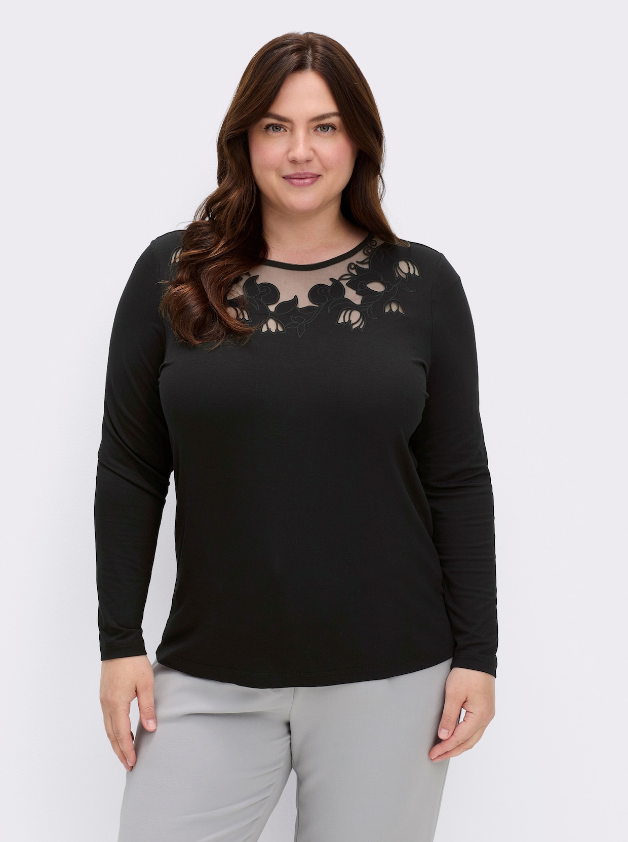 Langarmshirt mit transparentem Tüll-Einsatz - schwarz