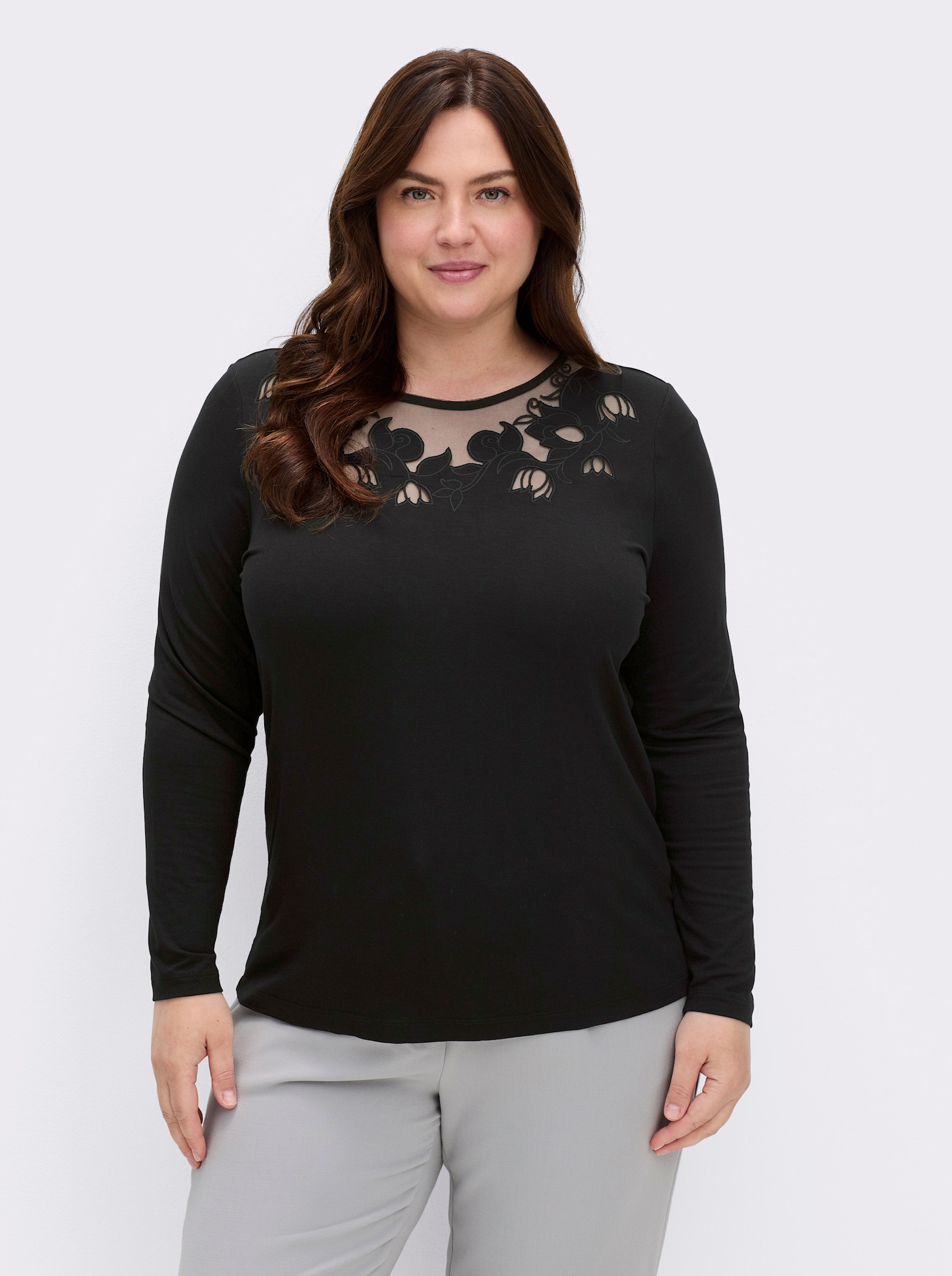 Langarmshirt mit transparentem Tüll-Einsatz - schwarz